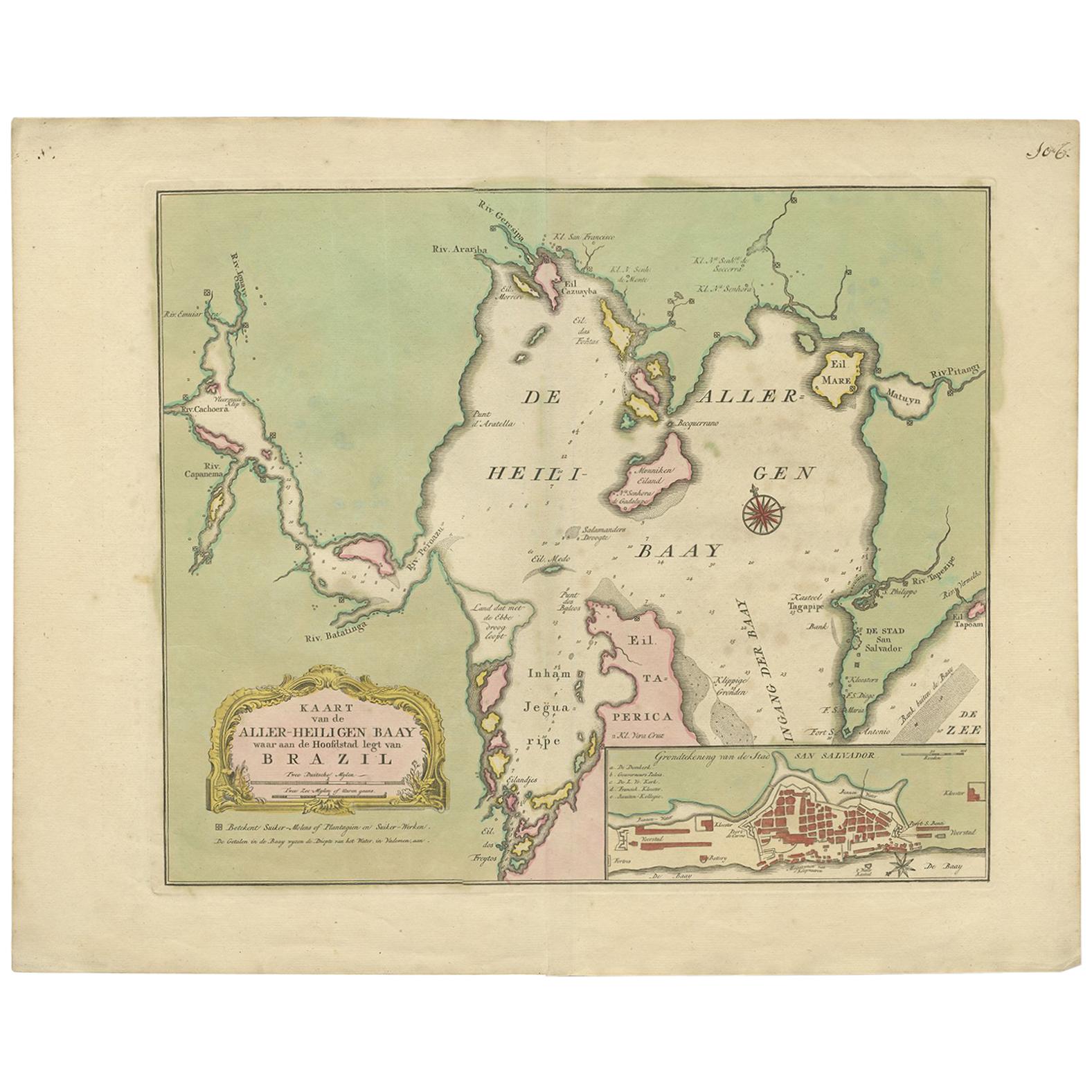 Antique Map of the Bahia Todos Santos 'Brazil' by Tirion, circa 1750 For Sale
