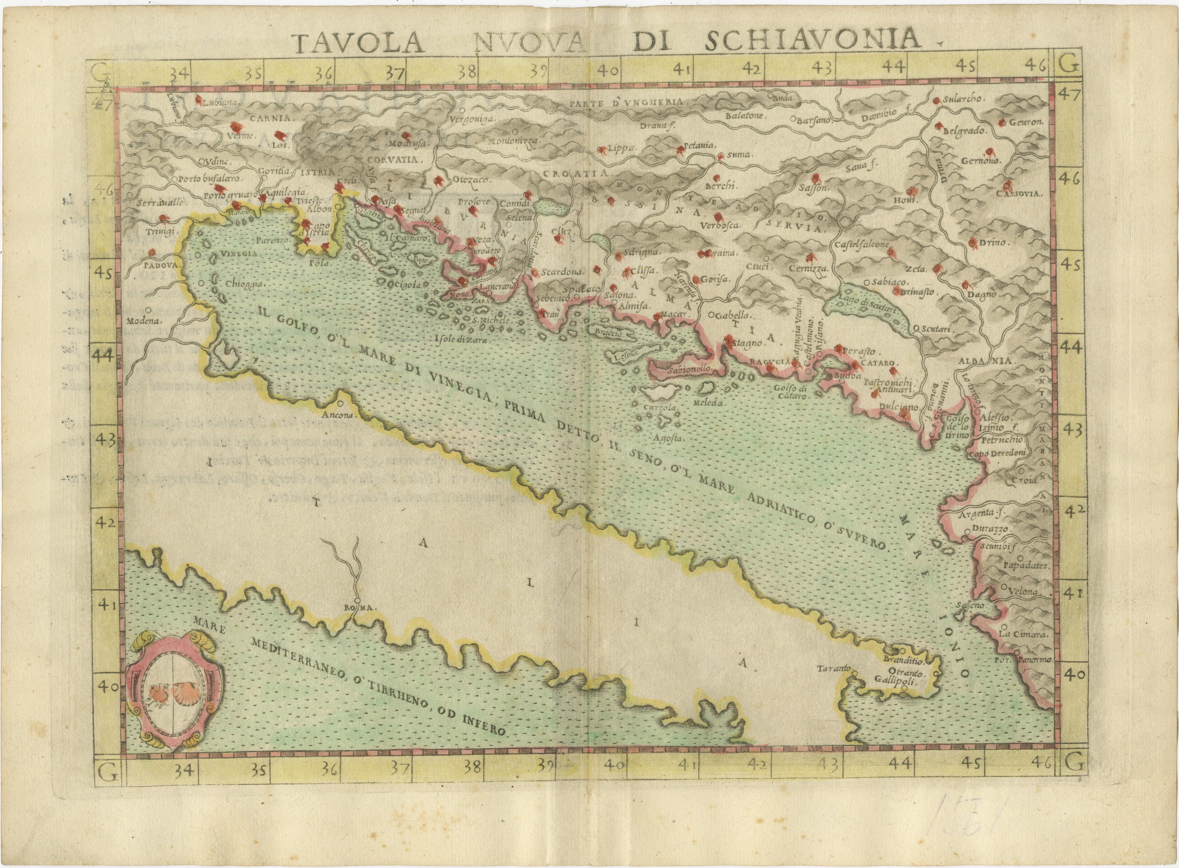 Antique map titled 'Tavola Nuova di Schiavonia'. Ruscelli's map of the Balkans, with a coat of arms. The mountains are represented, river systems are shown in detail, and cities, towns and ports denoted throughout this 16th century map. A number of