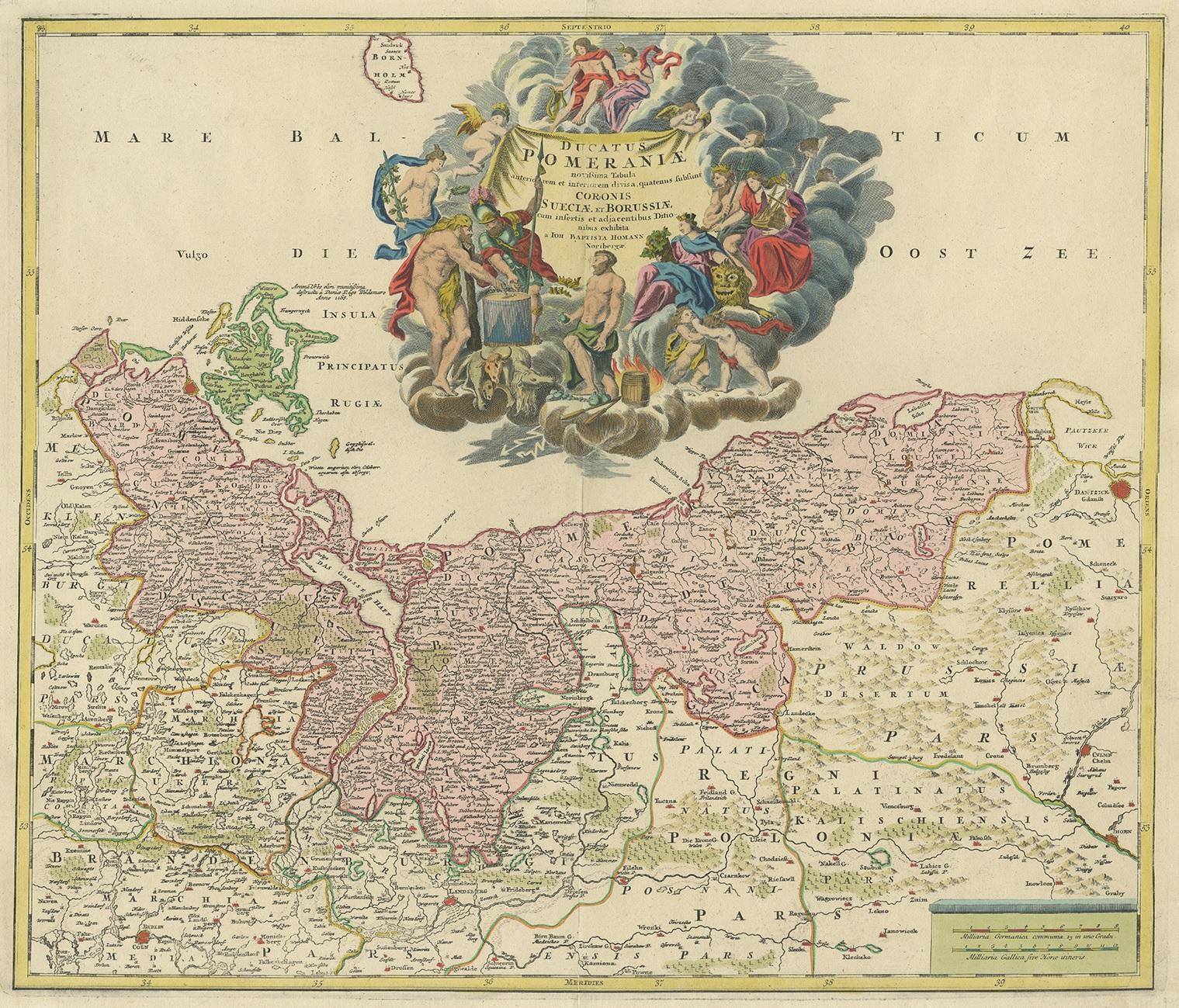 Antique map titled 'Ducatus Pomeraniae (..)'. Regional map of the Baltic, extending from Stralsund and Rugia in the west to Dantzig and Culman on the Vistula in the east. Large cartouche, one of the most ornate allegorical cartouches to appear on a