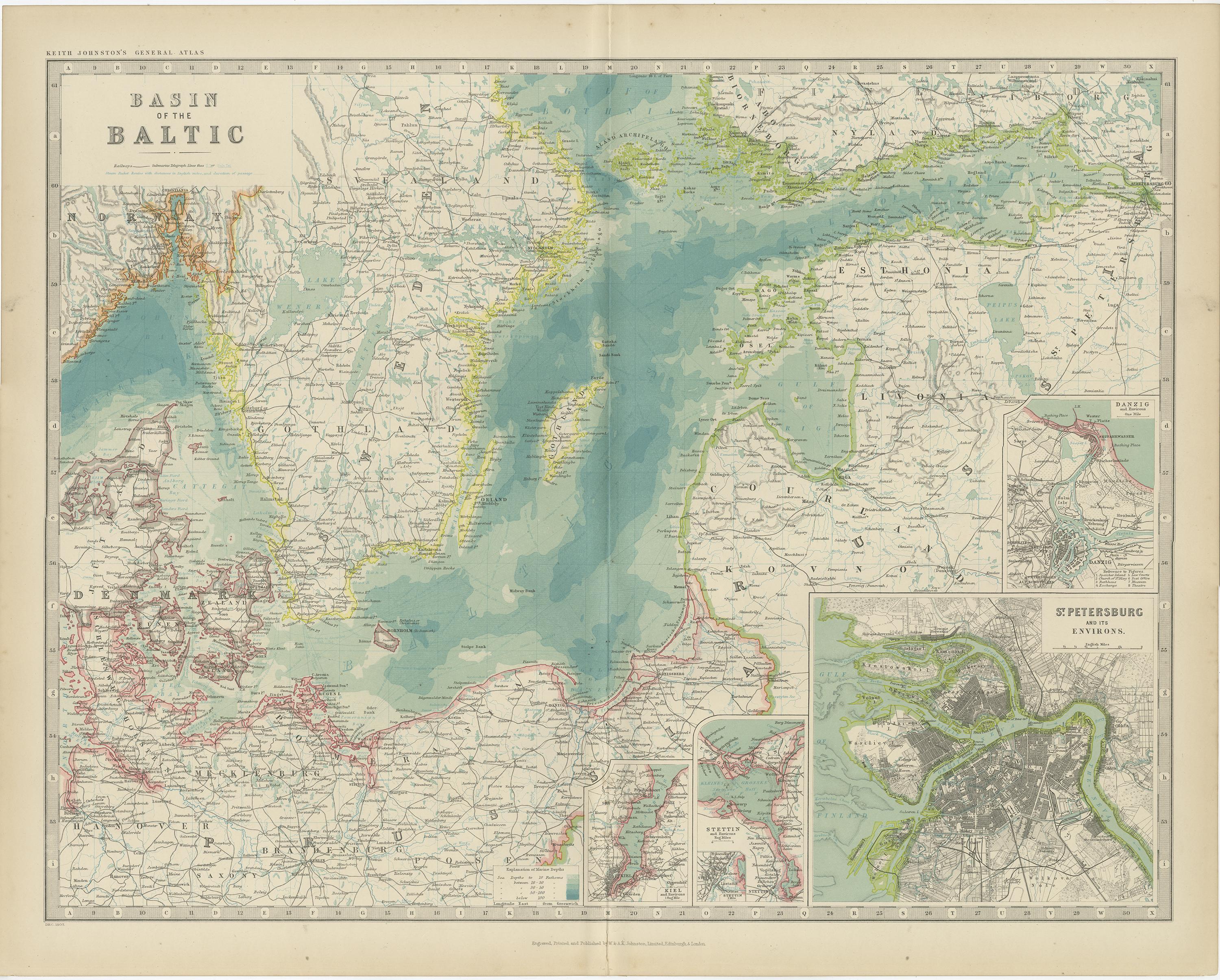 Antique map titled 'Basin of the Baltic'. Original antique map of Baltic Sea. With inset maps of Kiel, Stettin, Danzig and St Petersburg. This map originates from the ‘Royal Atlas of Modern Geography’. Published by W. & A.K. Johnston, 1909.