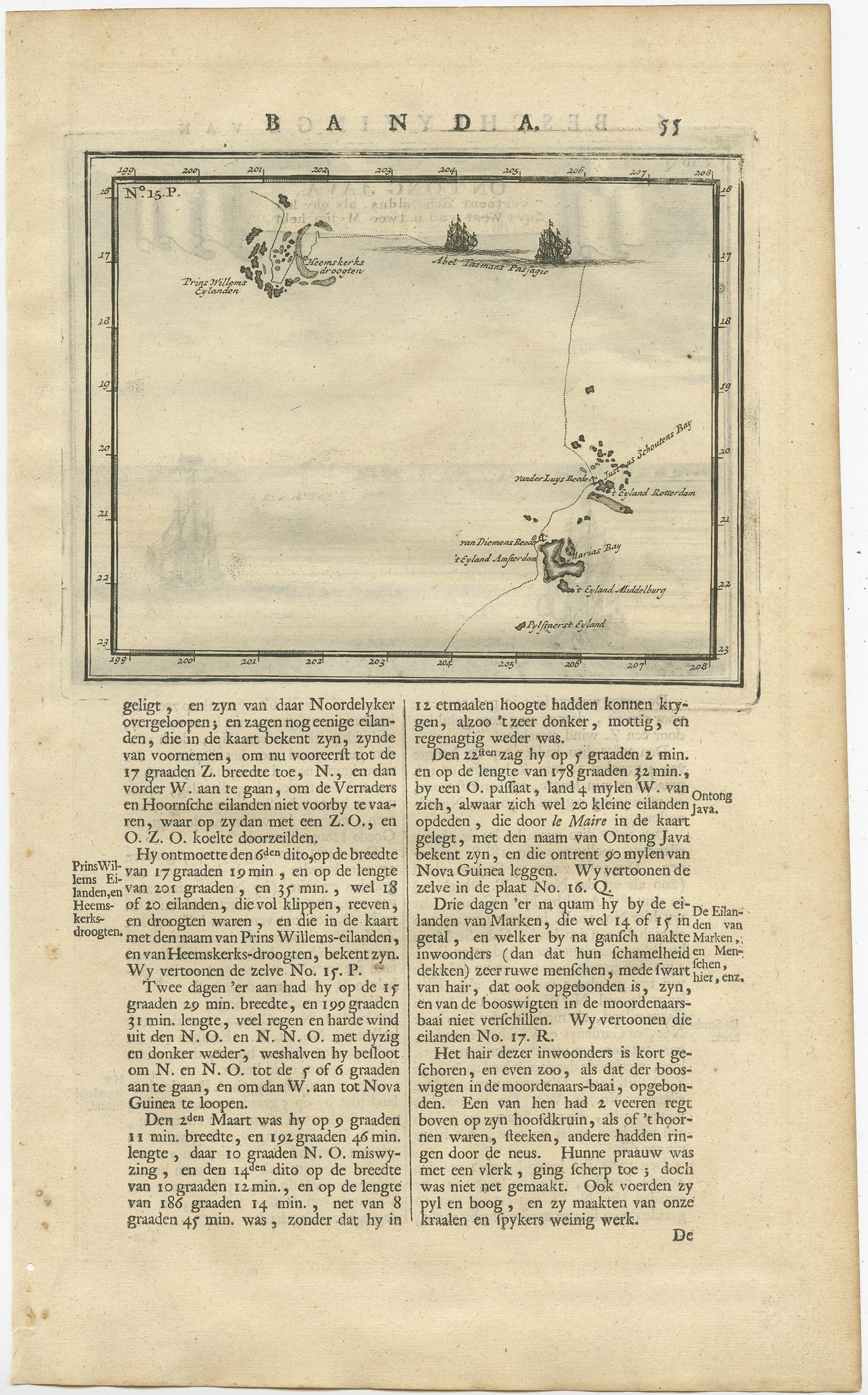 Antique print Indonesia with an image on each side. The first image depicts Ontong Java, one of the largest atolls on earth. On verso: antique map of the Banda Islands. With the route of Abel Tasman. This print originates from 'Oud en Nieuw