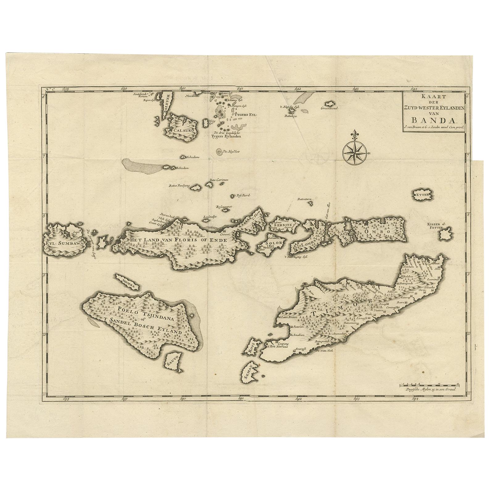 Antique map Indonesia titled 'Kaart der Zuyd-Wester Eylanden van Banda'. Map of the islands in the southwestern part of the Banda Sea including Sumba, Flores and Timor. This map originates from 'Oud en Nieuw Oost-Indiën' by F. Valentijn.