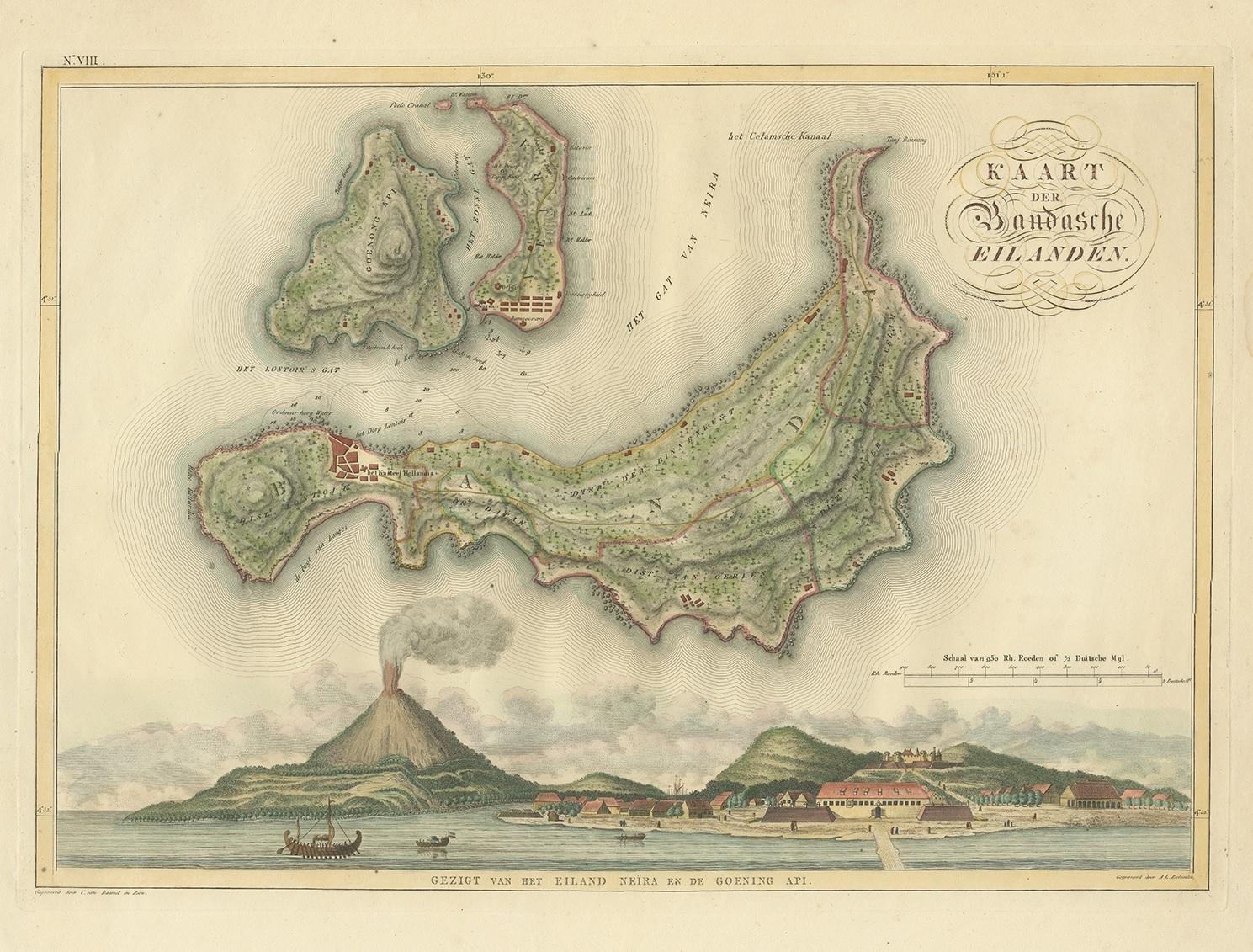 Antique map titled 'Kaart der Bandasche Eilanden'. Rare and attractive map of the Banda Islands with a large view of Banda Neira and Gunung Api. One of 12 maps from 'Atlas van Overzeesche bezittingen' (Atlas of Oversea Possessions) by J.S. van den