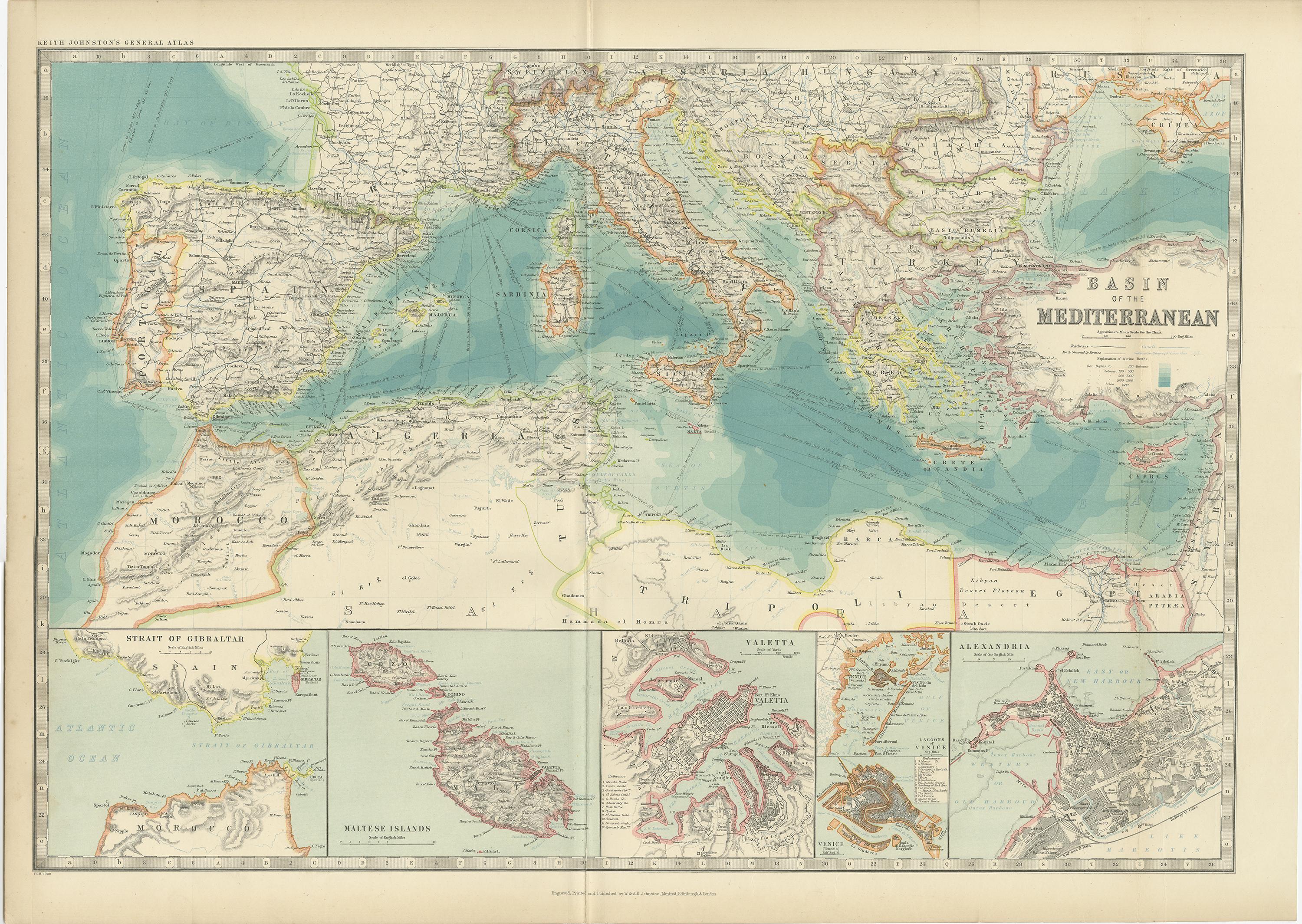 Antique map titled 'Basin of the Mediterranean'. Original antique map of the basin of the Mediterranean. With inset maps of the Strait of Gibraltar, Morocco, Maltese Islands, Valetta, Venice and Alexandria. This map originates from the ‘Royal Atlas