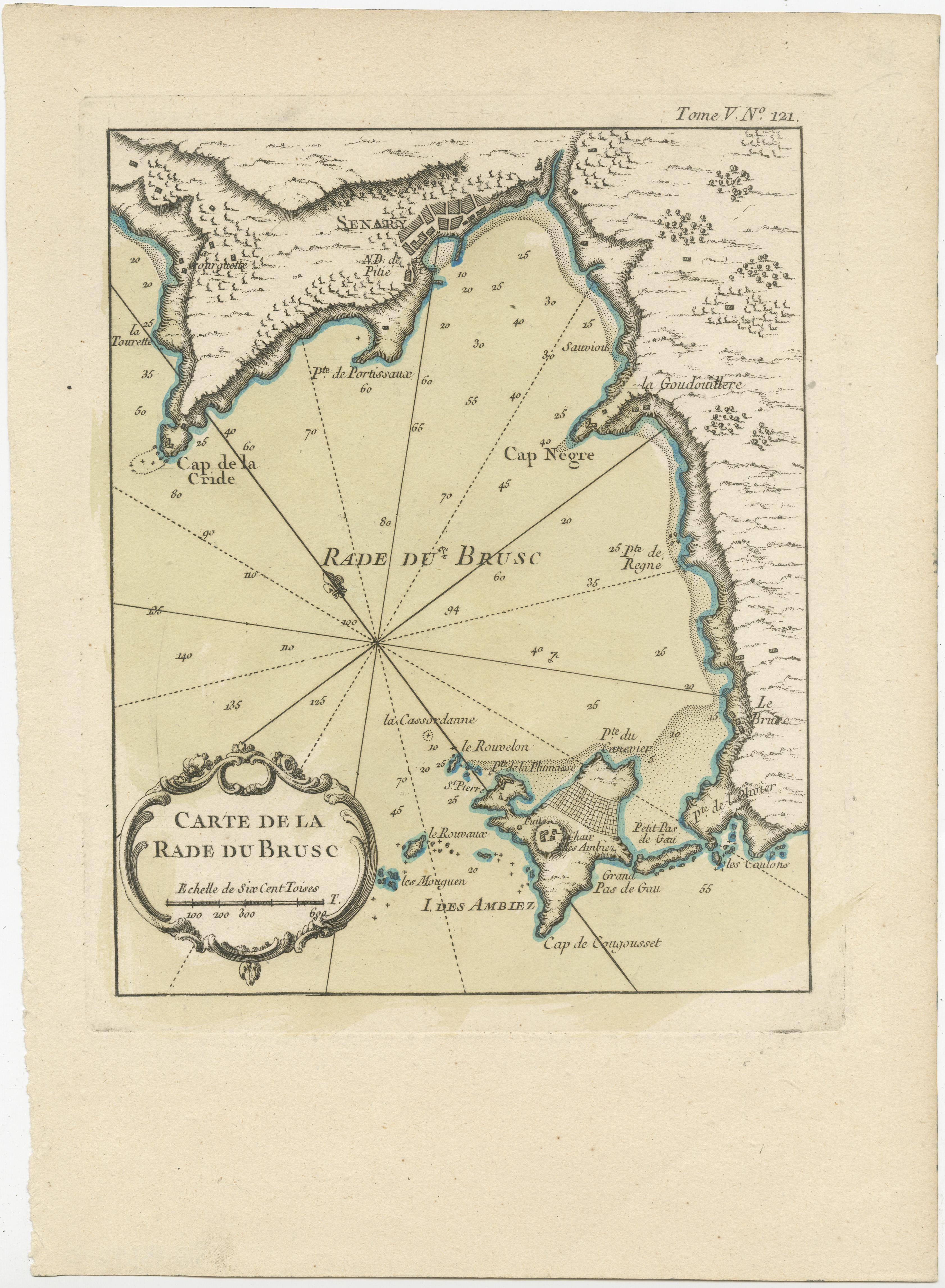 Antique map titled 'Carte de la rade du Brusc'. Original map of the bay of Brusc, France. This map originates from 'Le Petit Atlas Maritime (..)' by J.N. Bellin. Published 1764. 

Bellin was an important maker of charts for the French Depot de la