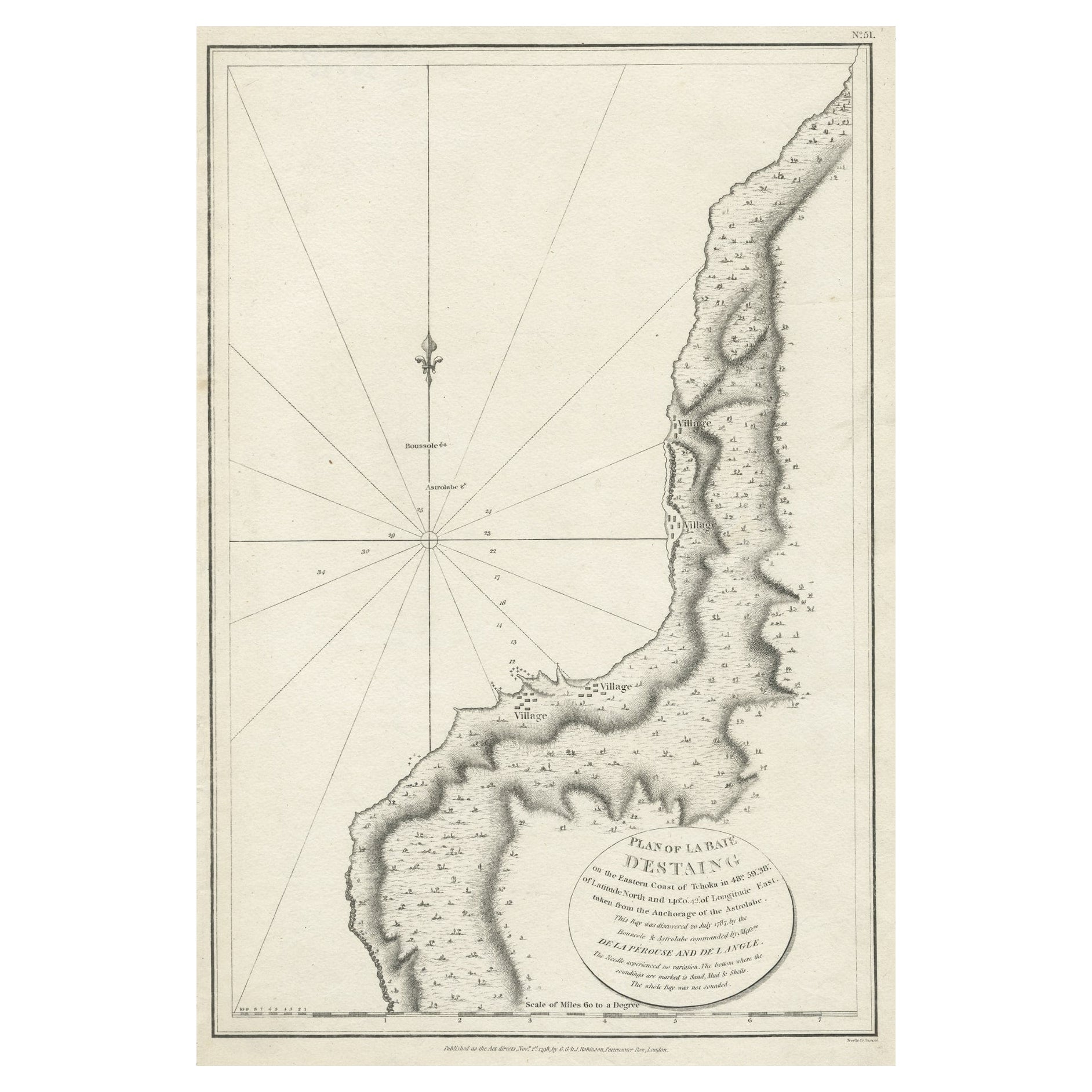 Carte ancienne de la baie de D'Estaing située sur l'île russe Sakhalin, 1798