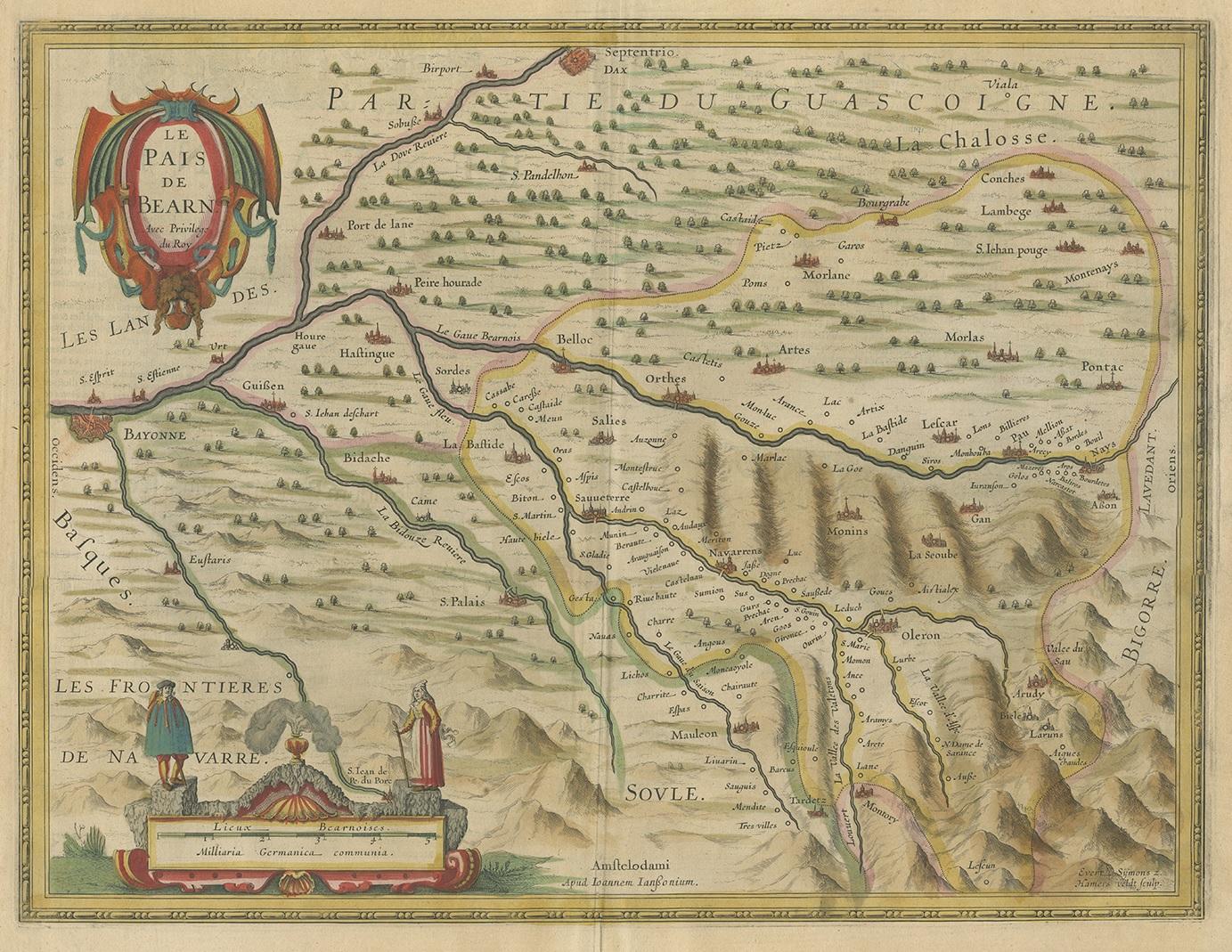 Antique map titled 'Le Pais de Bearn'. Old map of the Béarn region, France. It is one of the traditional provinces of France, located in the Pyrenees mountains and in the plain at their feet, in southwest France. Along with the three Basque