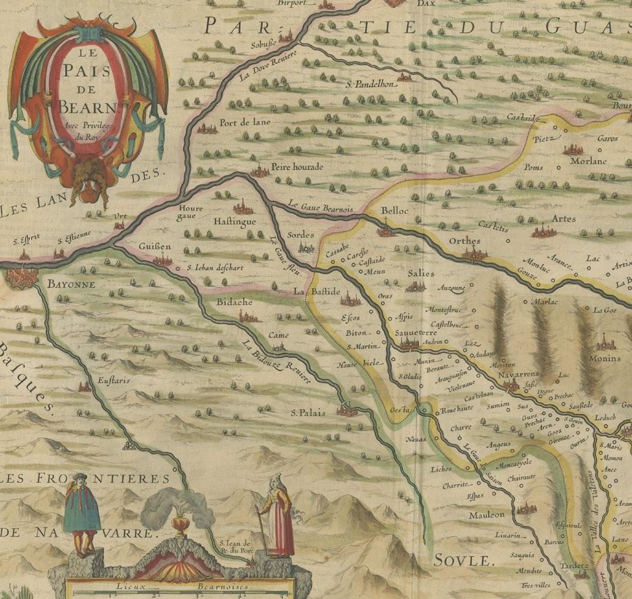 Antique Map of the Béarn Region by Janssonius, circa 1640 In Good Condition In Langweer, NL