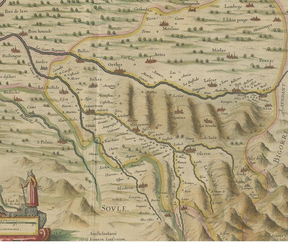 17th Century Antique Map of the Béarn Region by Janssonius, circa 1640