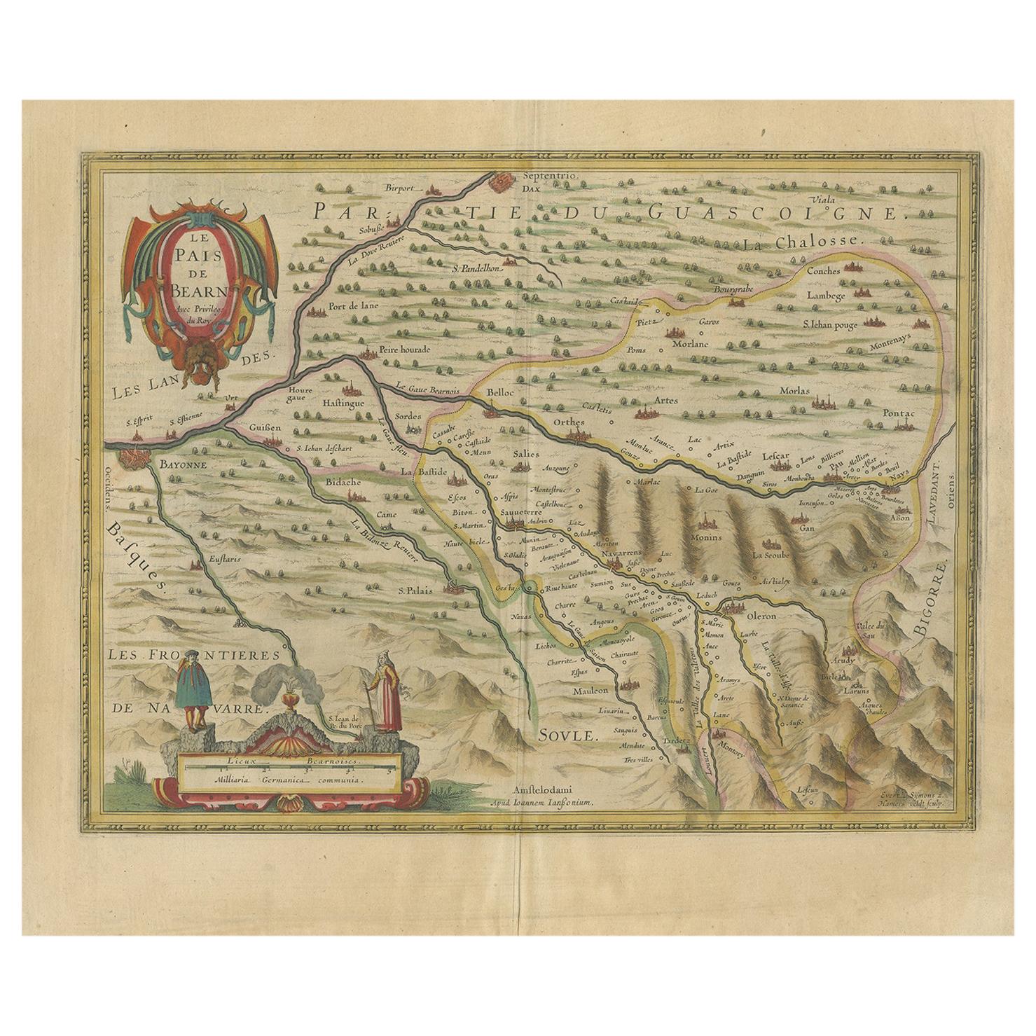 Antique Map of the Béarn Region by Janssonius, circa 1640