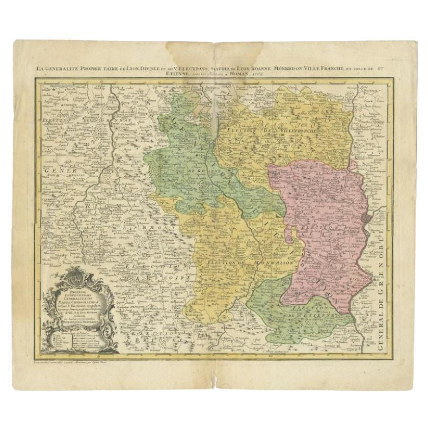 Antique Map of the Beaujolais Region by Homann Heirs, 1762 For Sale