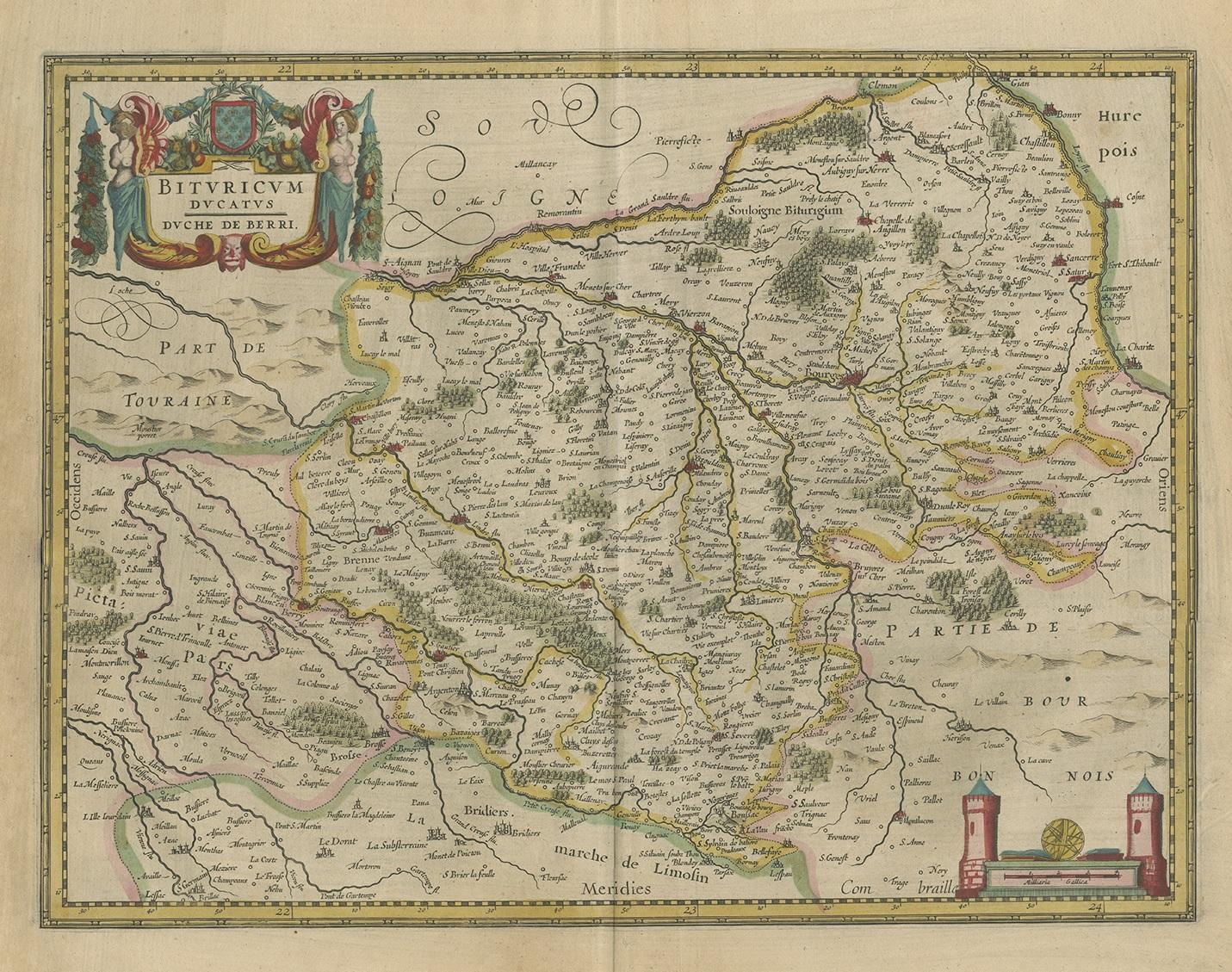 Antique map titled 'Bituricum ducatus - Duche de Berri'. Decorative map of the Berry region, France. Berry is a region located in the center of France. It was a province of France until départements replaced the provinces on 4 March 1790, when Berry