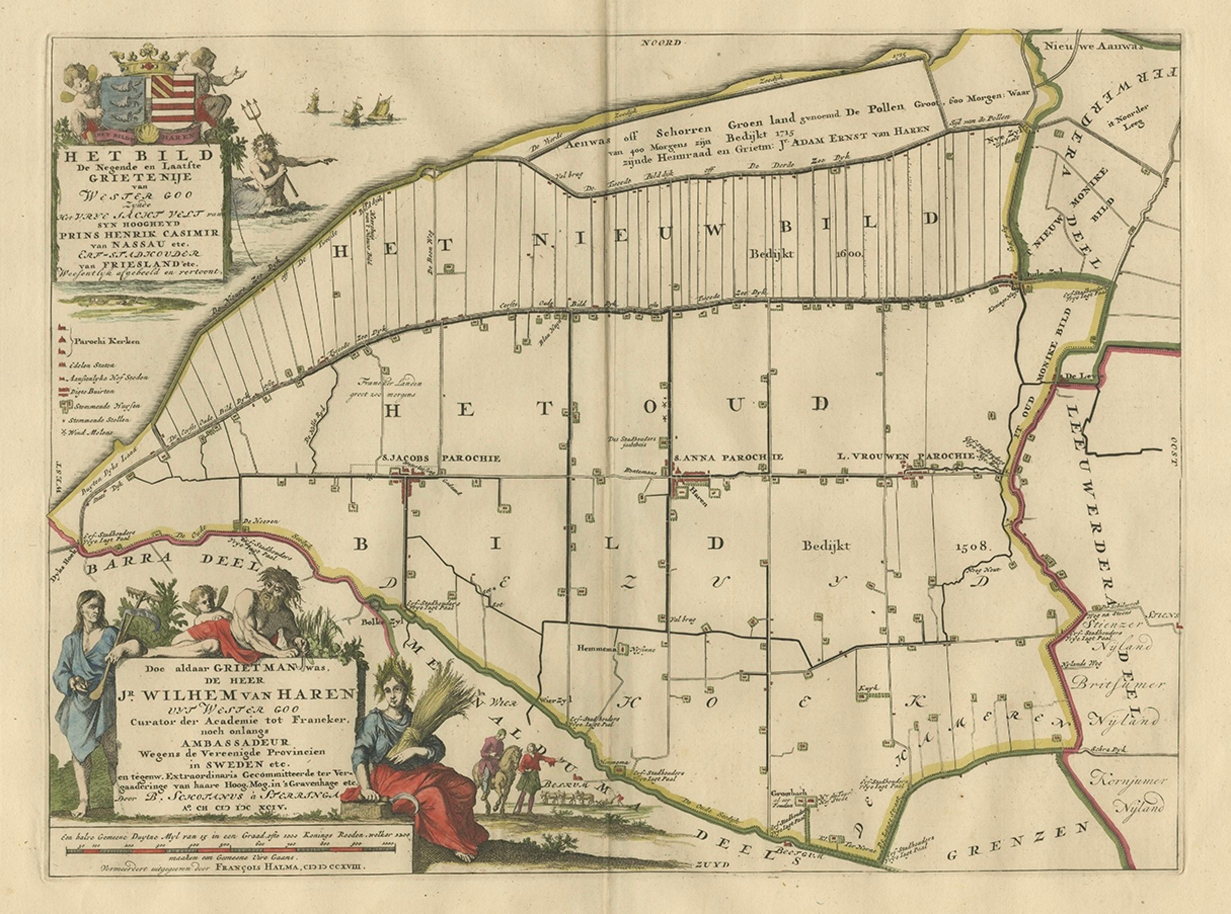 18th Century and Earlier Antique Map of the Bildt Township 'Friesland' by Halma, 1718 For Sale