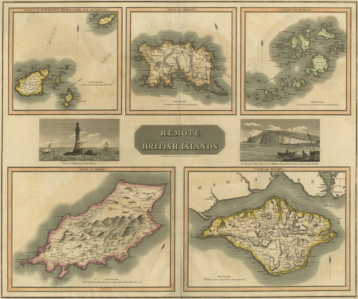 Groupe de 5 cartes des îles anglo-normandes, Scilly, Jersey, l'île de Mann et l'île de Wight. Vues gravées du phare d'Eddystone et de la baie de Freshwater sur l'île de Wight, avec Needle Rock en arrière-plan.

 