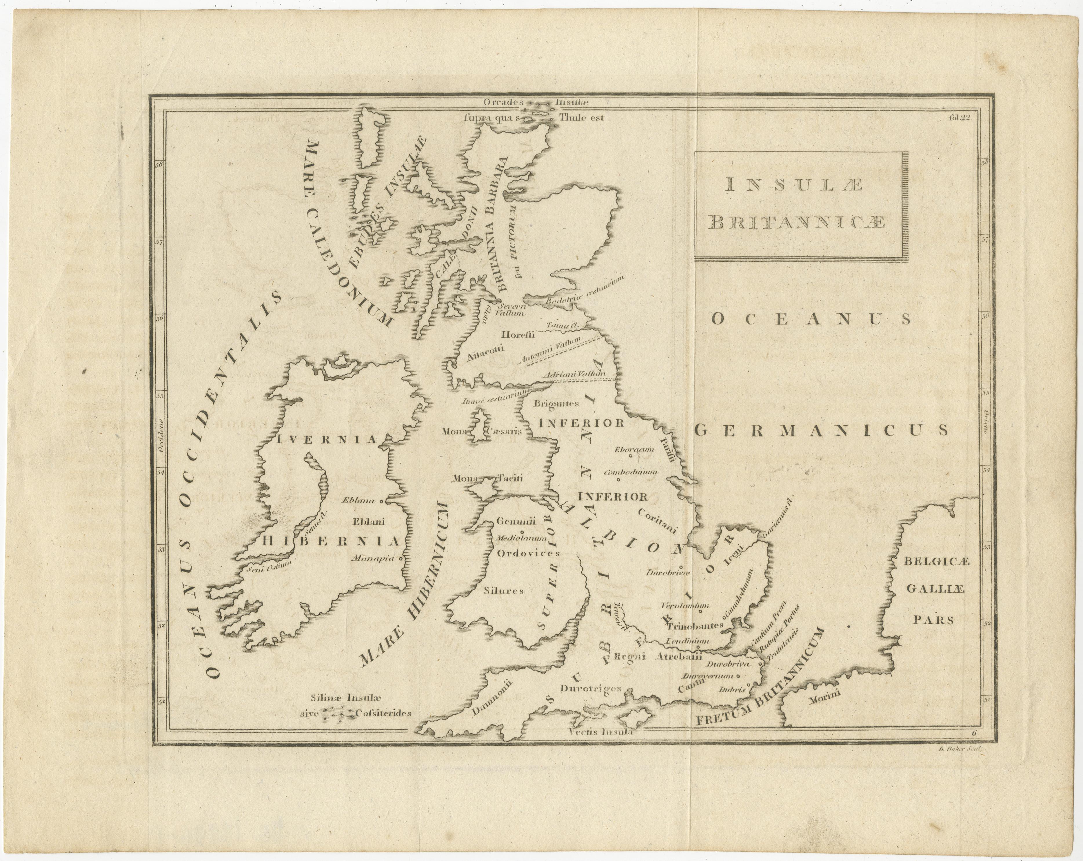Antique map titled 'Insulae Britannicae'. Interesting map of Britain, Scotland, and Ireland. It shows a rudimentary outline of the islands according to the geography of the Roman Empire, after Caesar’s legions subjugated the numerous local tribes in
