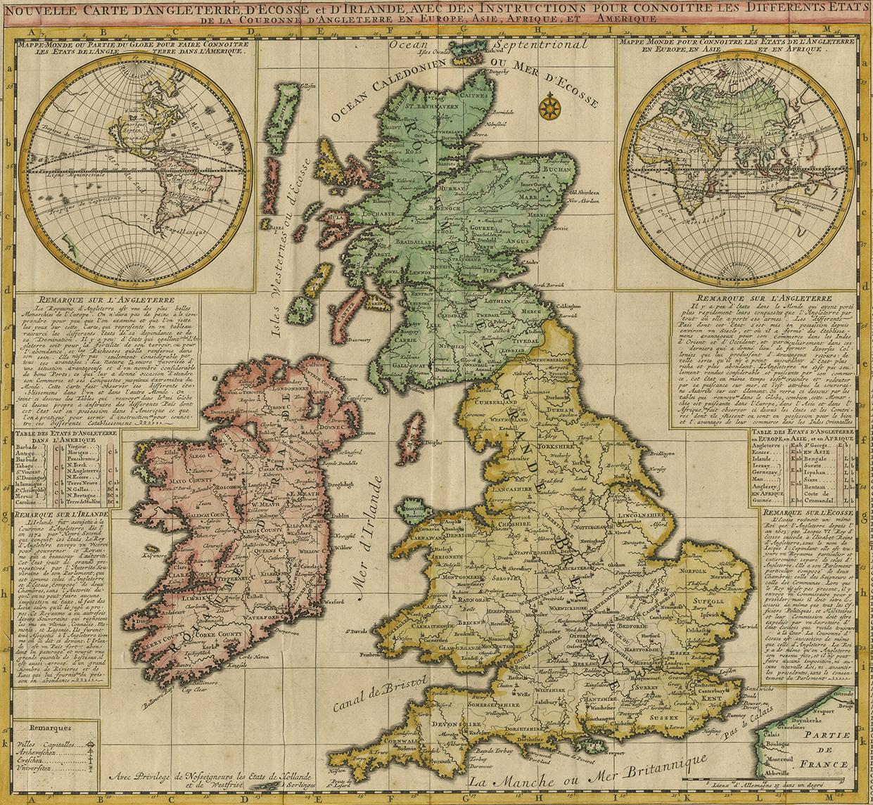 Beautiful hand colored large format map of the British Isles, with large insets of the Eastern and Western Hemispheres and the coats of arms for England, Ireland, Scotland and Wales. From Chatelain's monumental 7 volume Atlas Historique, one of the