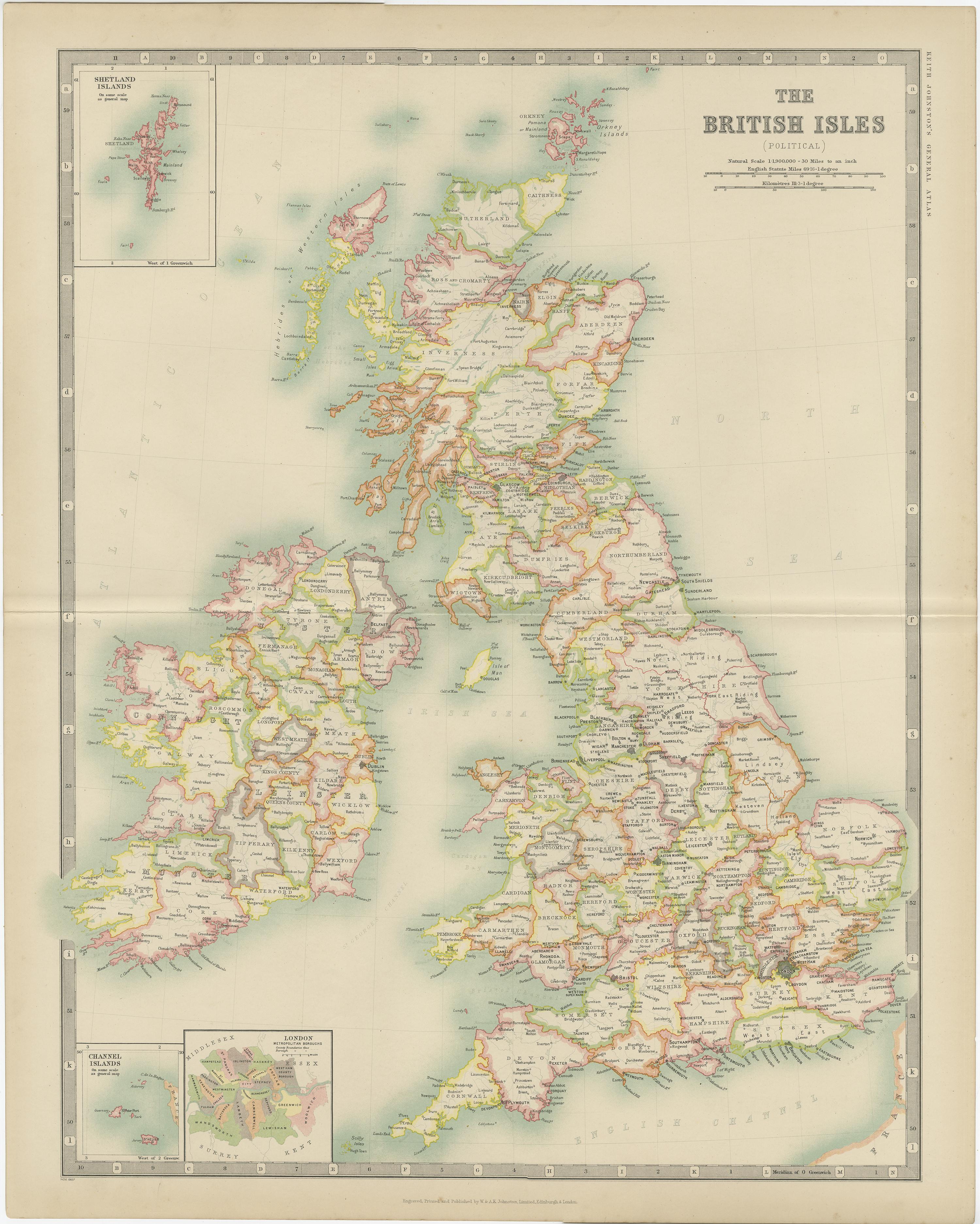 Antique map titled 'The British Isles'. Original antique map of the British Isles. With inset maps of the Shetland Islands, Chanel Islands, and London. This map originates from the ‘Royal Atlas of Modern Geography’. Published by W. & A.K. Johnston,