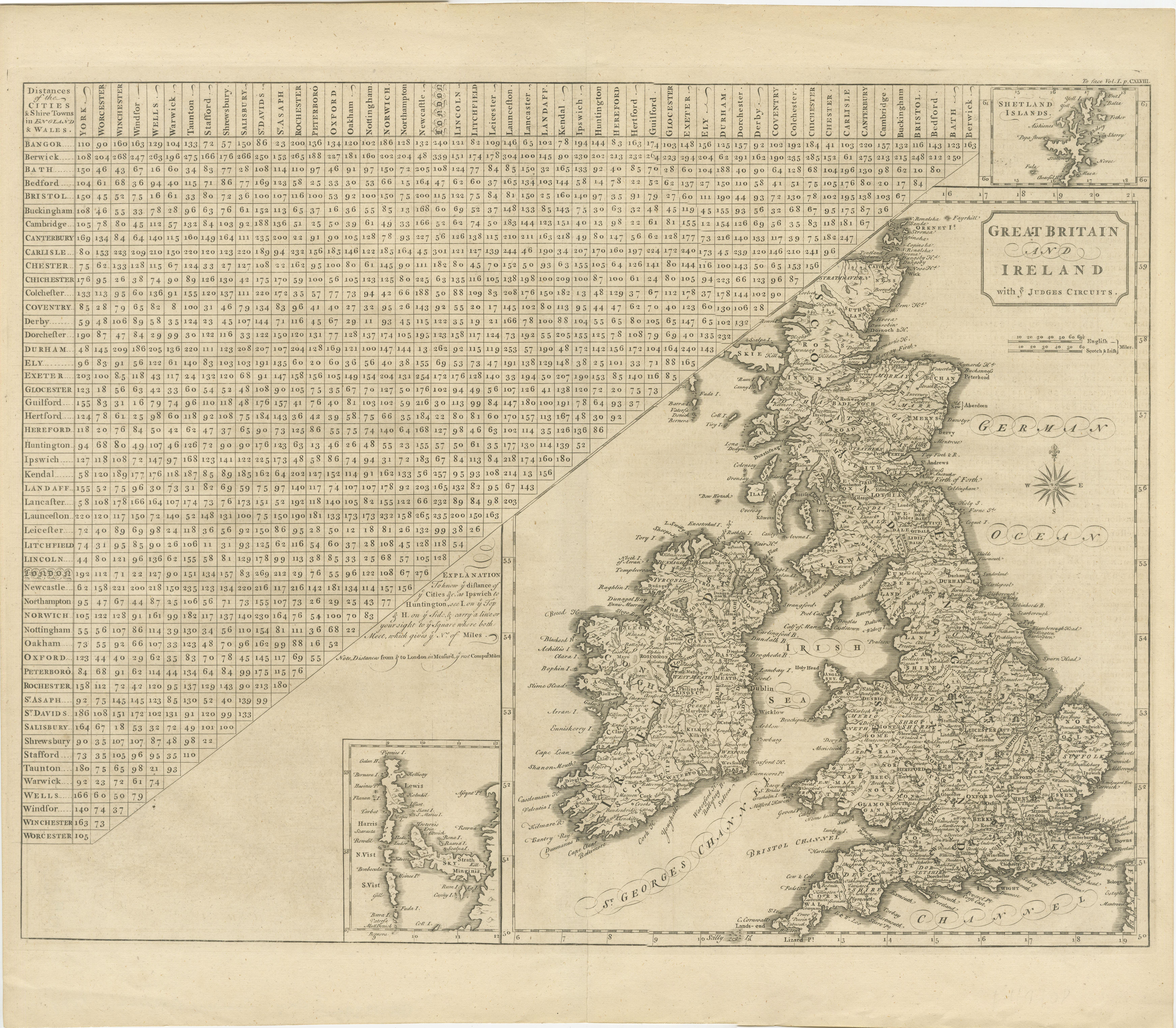 Antique map titled 'Great Britain and Ireland with ye Judges Circuits'. A scarce map of the British Isles, with inset maps of the Shetland Islands and The Hebrides. Large triangular distance chart titled 