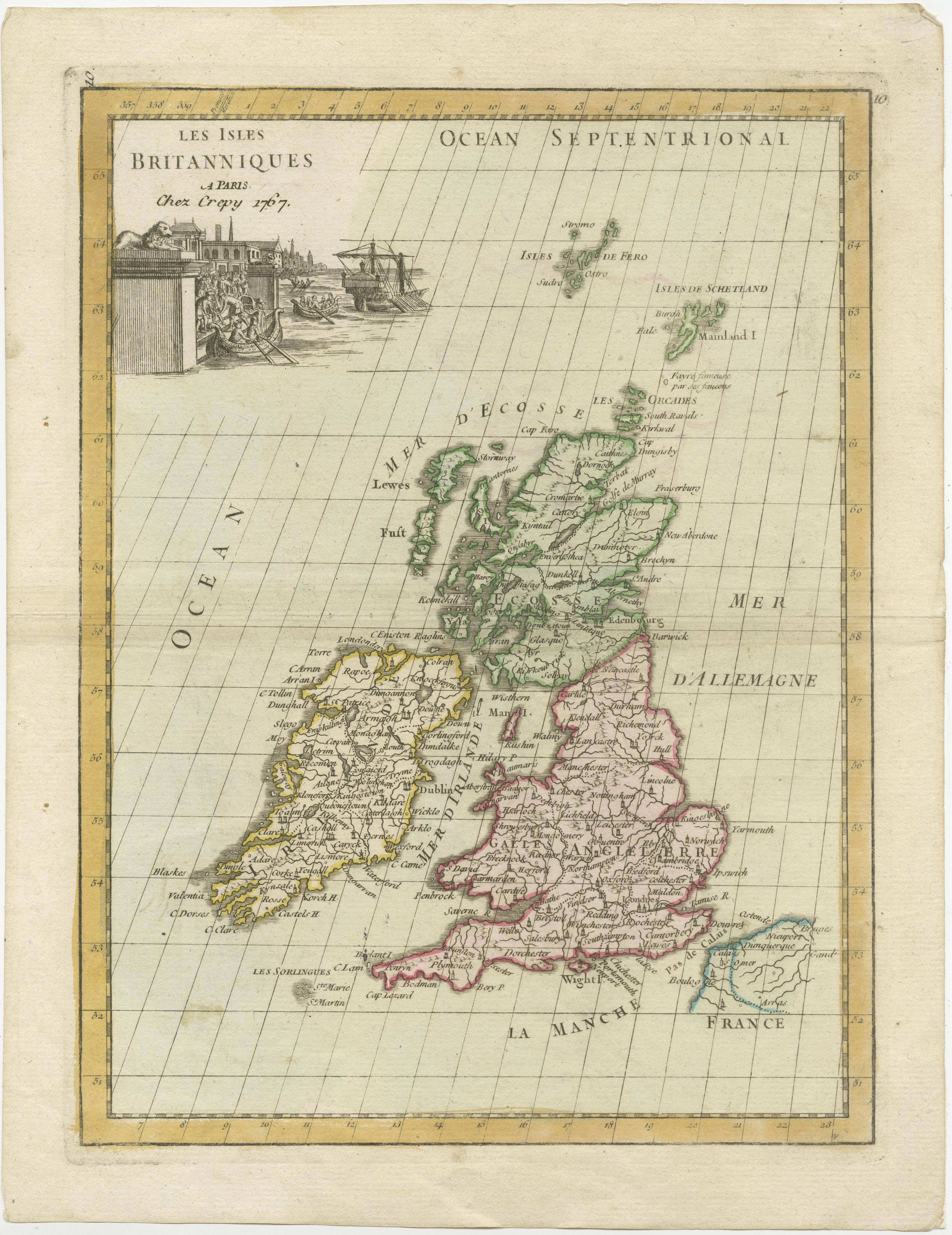 Antique map titled 'Les Isles Britanniques'. Original antique map of the British Isles, with original/contemporary hand coloring. Published by Crepe, circa 1767.