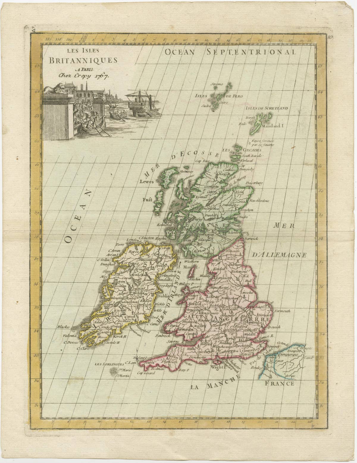 Antique Map of the British Isles with Contemporary Hand Coloring