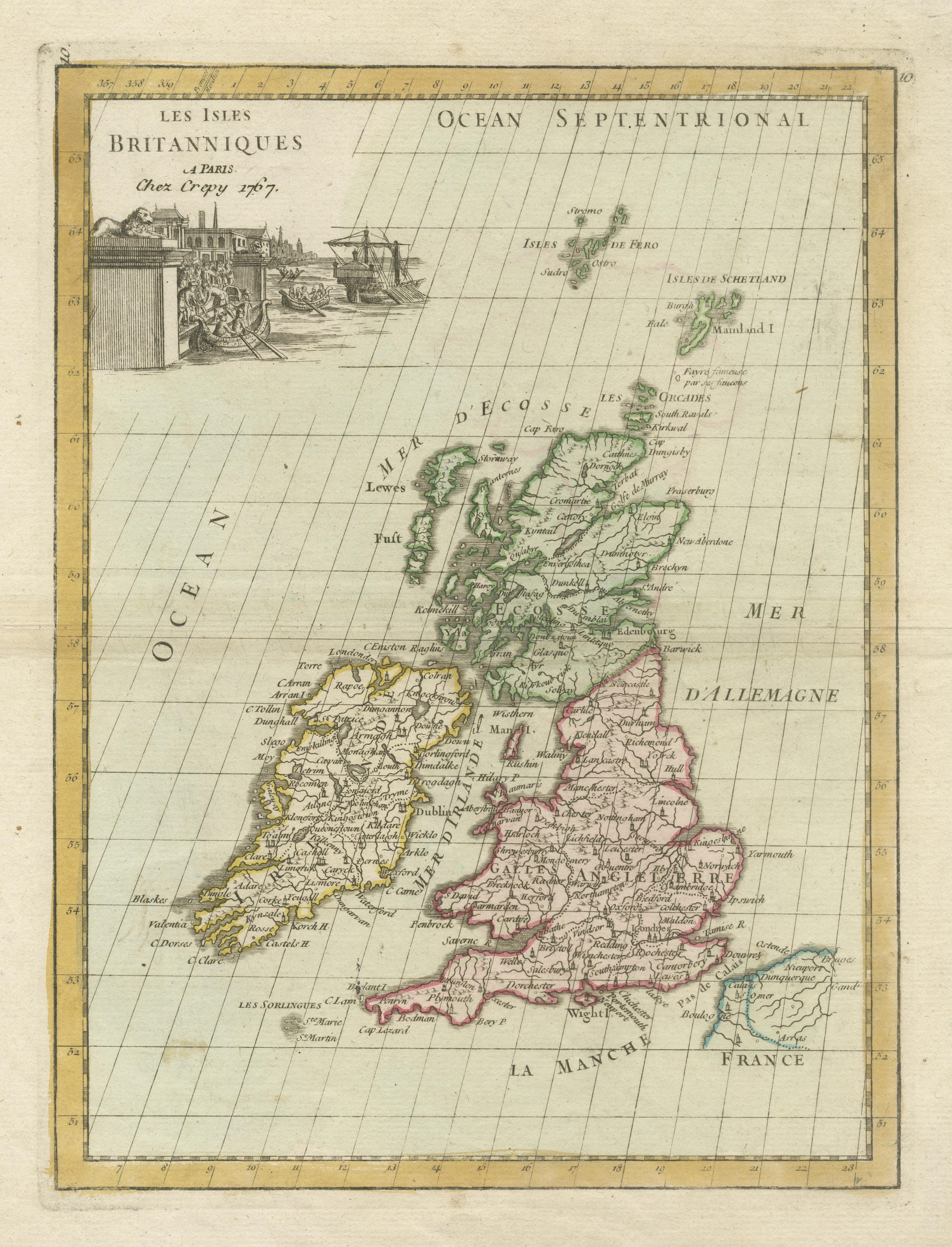 Antique Map of the British Isles with Contemporary Hand Coloring In Good Condition For Sale In Langweer, NL