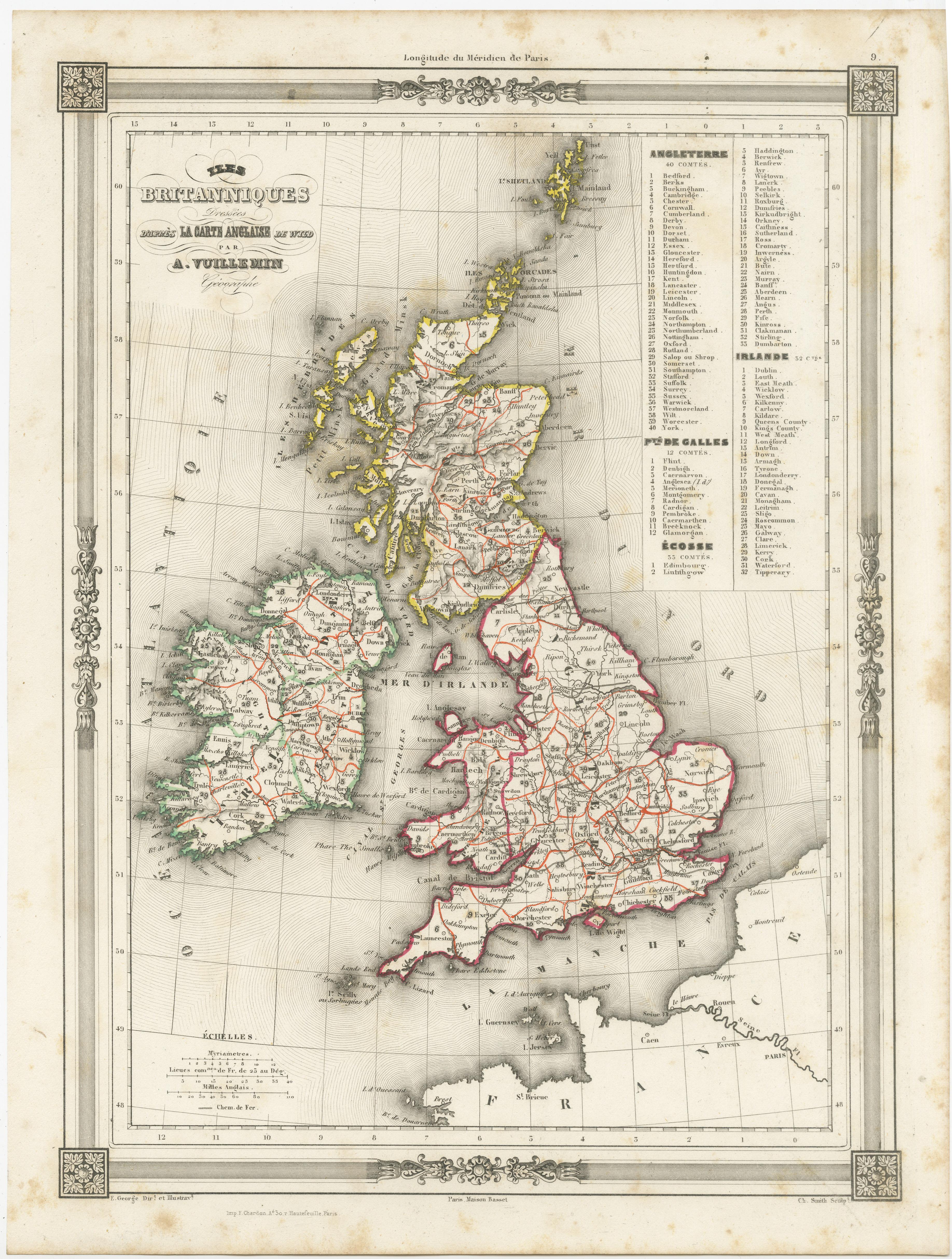 Antique map titled 'Iles Britanniques'. Attractive map of the British Isles. Details England, Scotland and Ireland as well as parts of neighboring France. Upper right corner features a list of counties which are numerically coded into the map. This