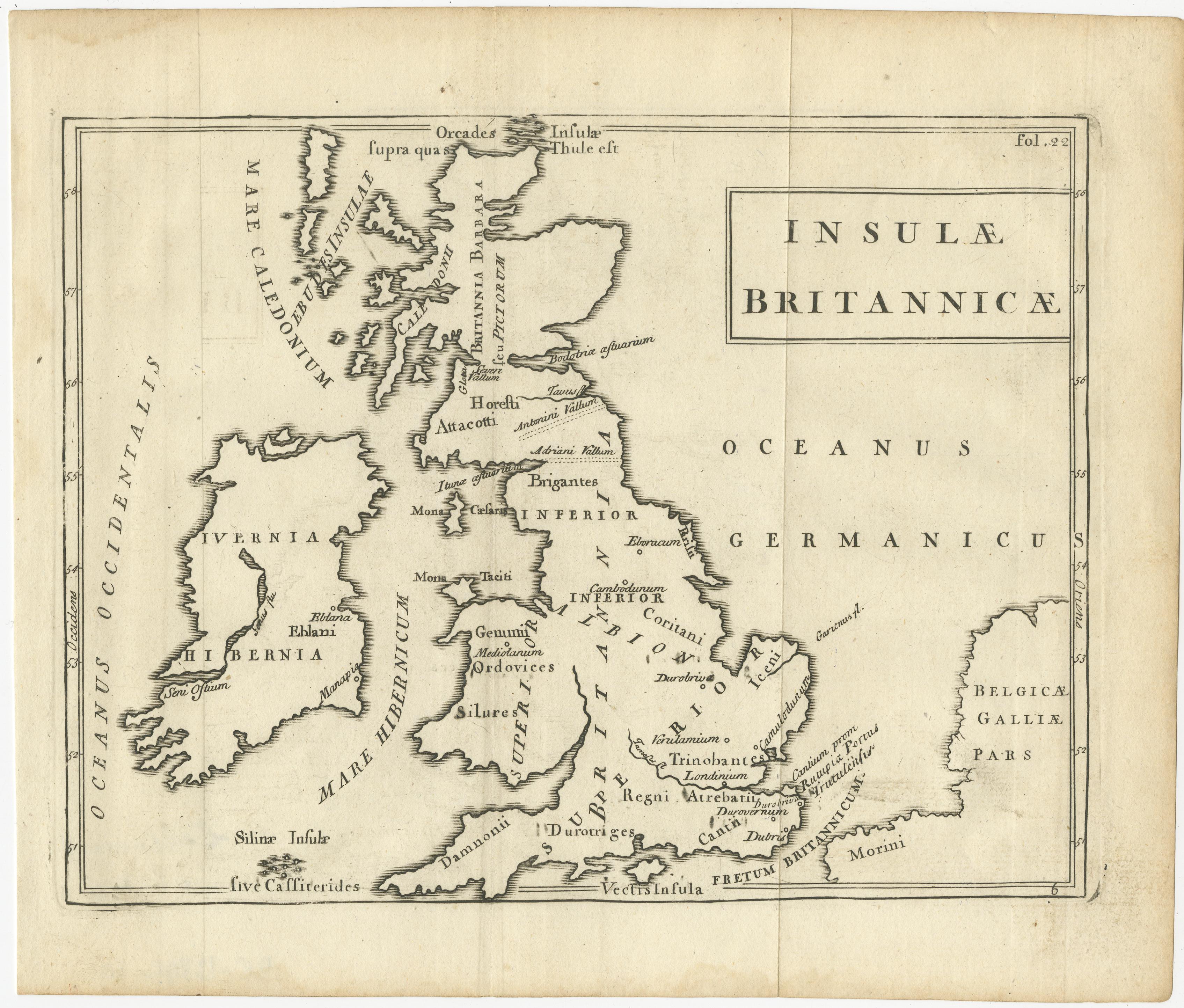 Antique map titled 'Insulae Britannicae'. Interesting map of Britain, Scotland, and Ireland. It shows a rudimentary outline of the islands according to the geography of the Roman Empire, after Caesar’s legions subjugated the numerous local tribes in