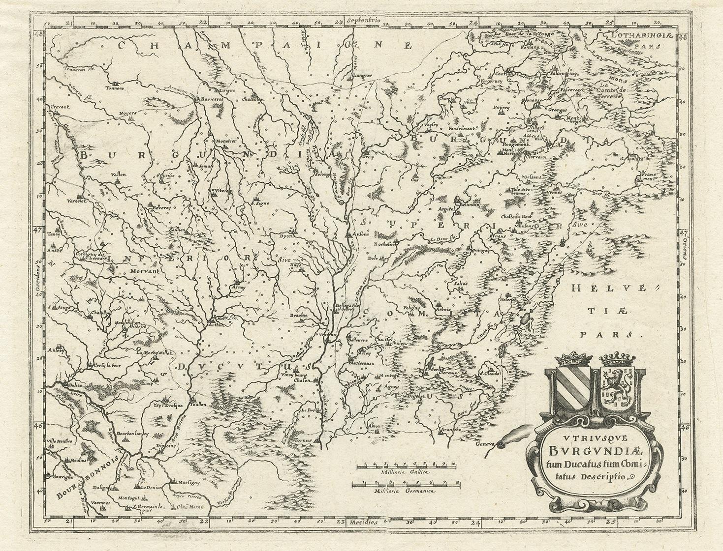 Antique map titled 'Utriusque Burgundiae tum Ducatus tum Comitatus descriptio'. Old map of the Burgundy (Bourgogne) region of France. This map originates from 'Neuwe Archontologia cosmica'.