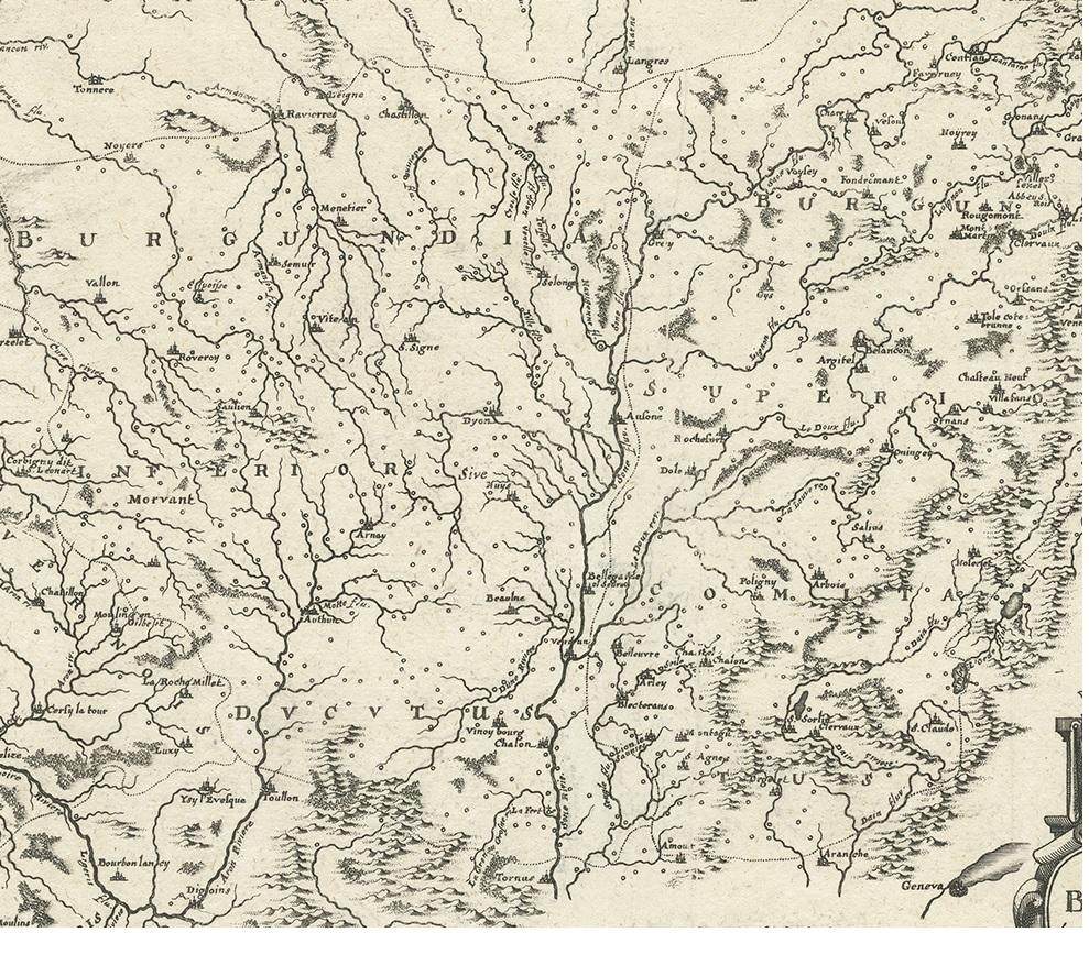 Antike Karte der Region Burgund von Merian '1646' im Zustand „Gut“ im Angebot in Langweer, NL