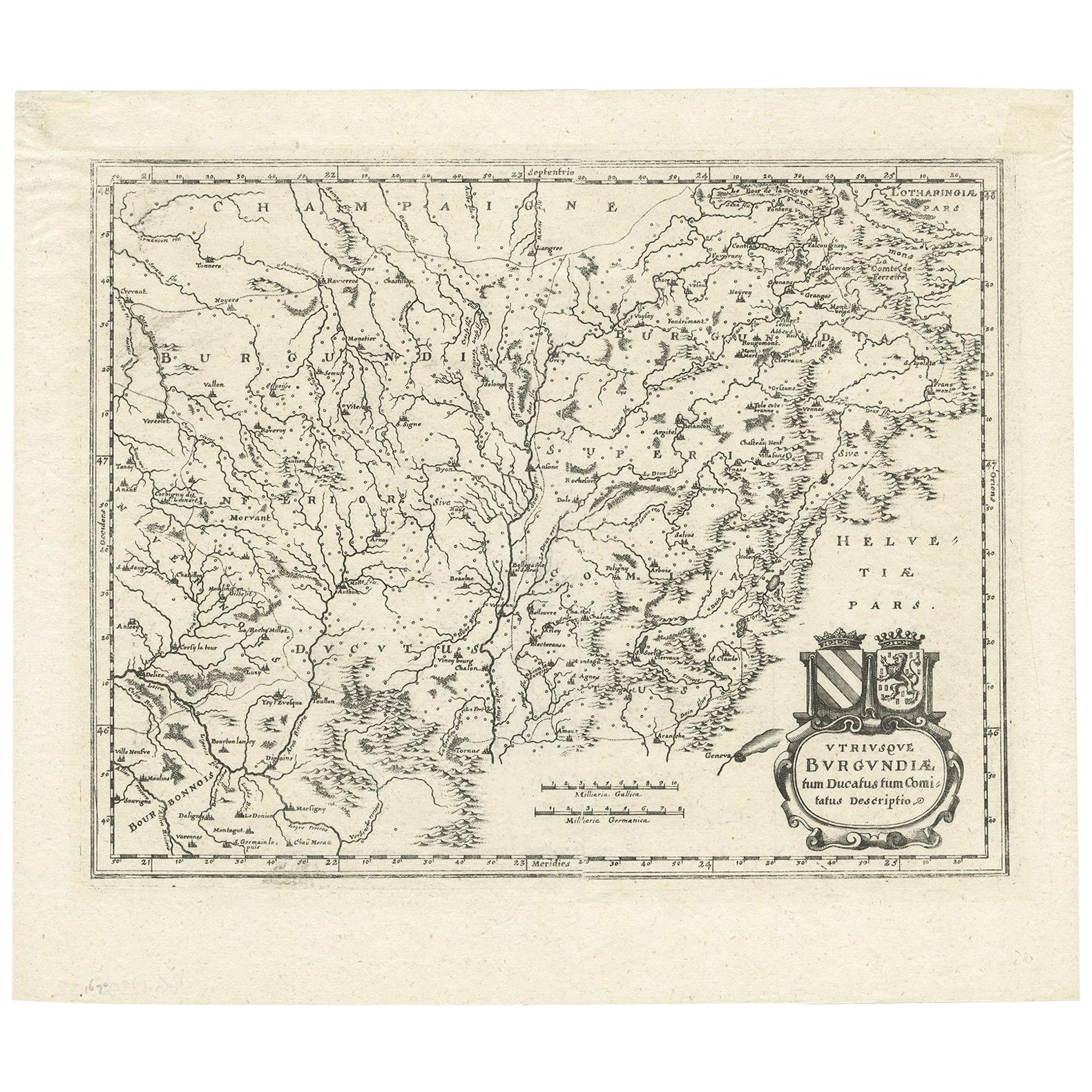 Antique Map of the Burgundy Region by Merian '1646'