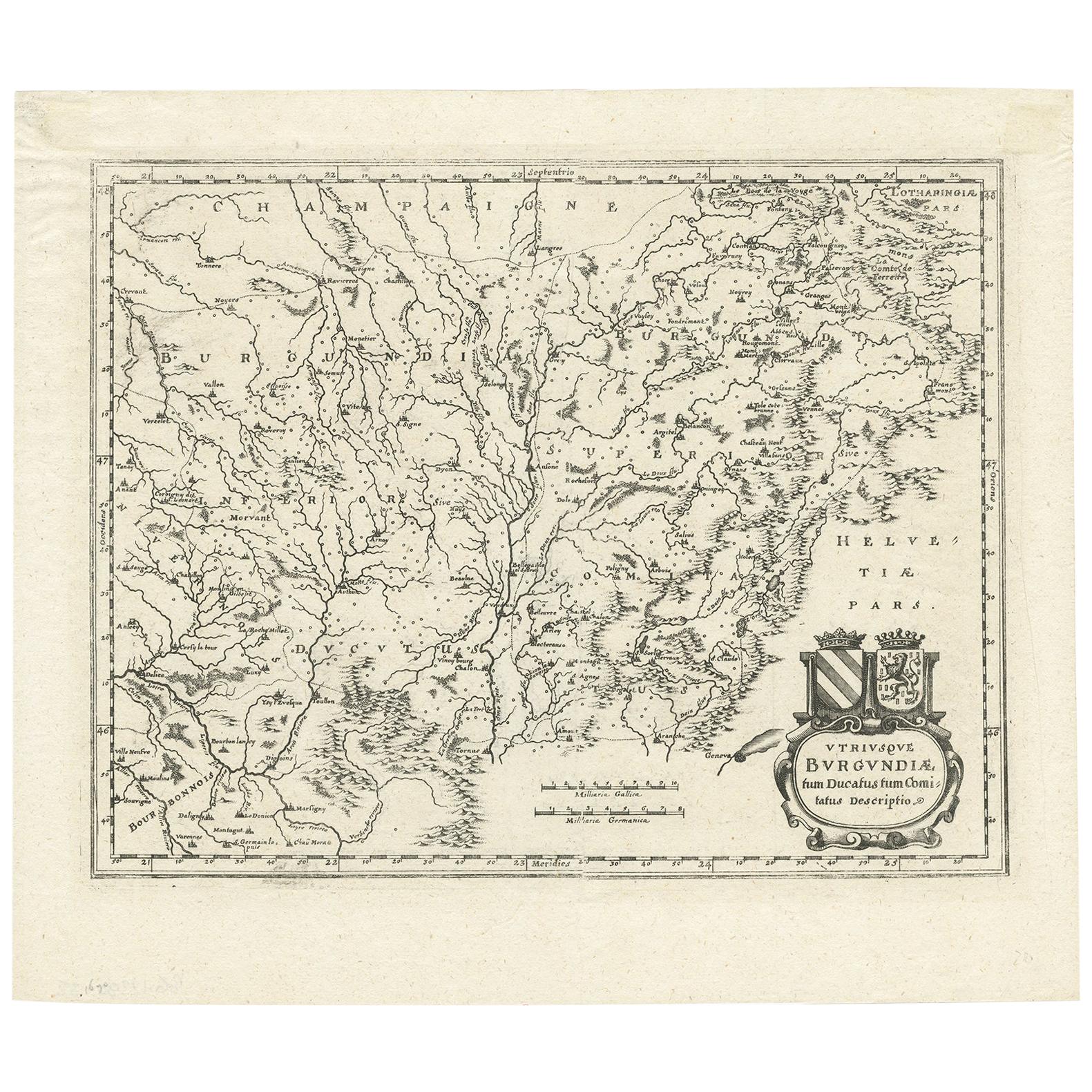 Antique Map of the Burgundy Region by Merian '1646' For Sale