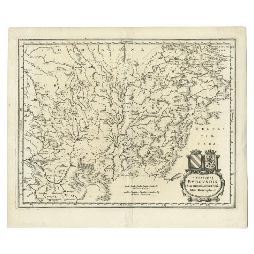 Antique Map of the Burgundy Region by Merian, 1646 For Sale