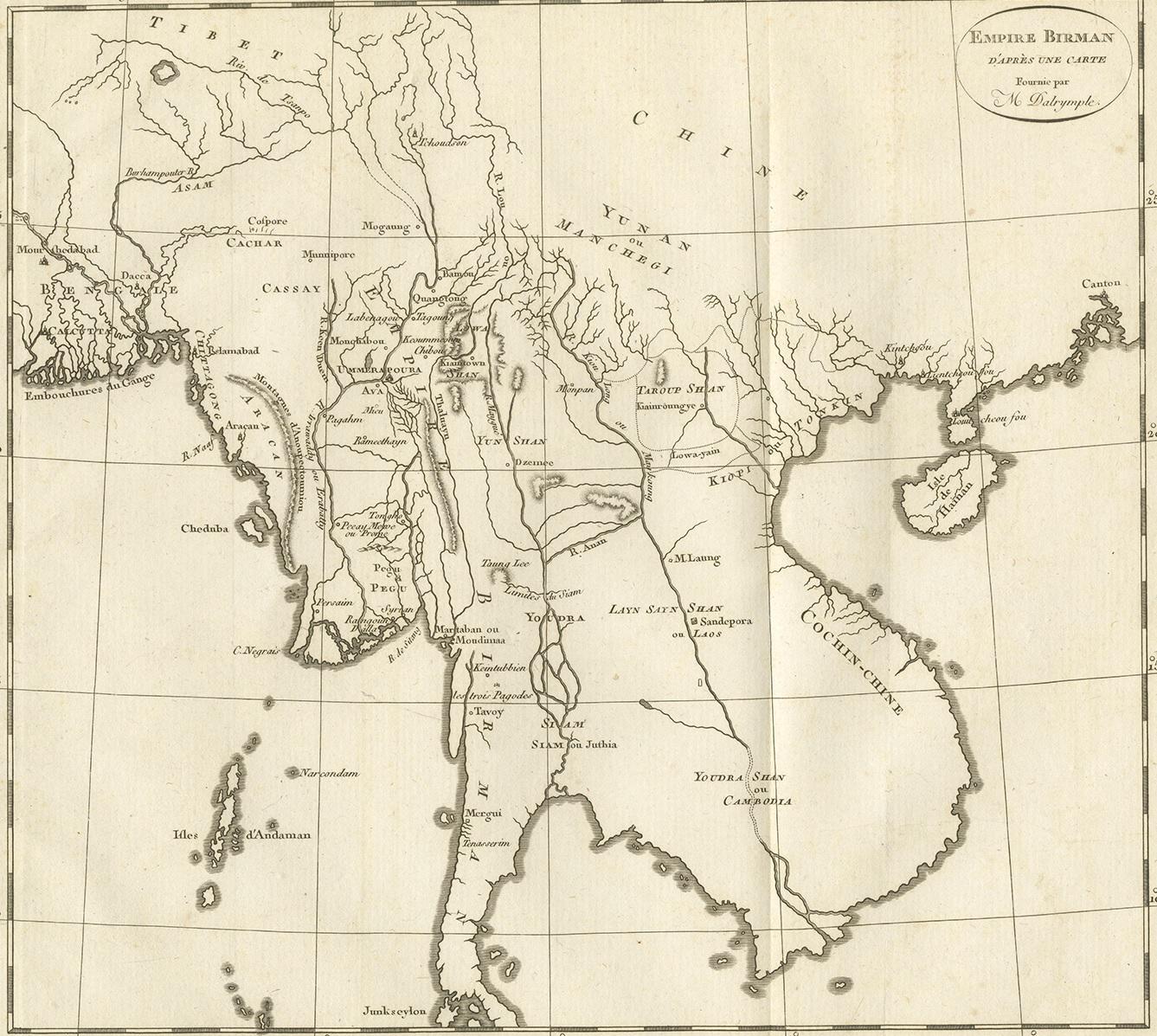 Antique map titled 'Empire Birman d'après une carte'. Map of the Burmese Empire. This map originates from 'Relation de l'Ambassade Anglaise, envoyée en 1795 dans le Royaume d'Ava, ou l'Empire des Birmans' by M. Symes. Published 1800.