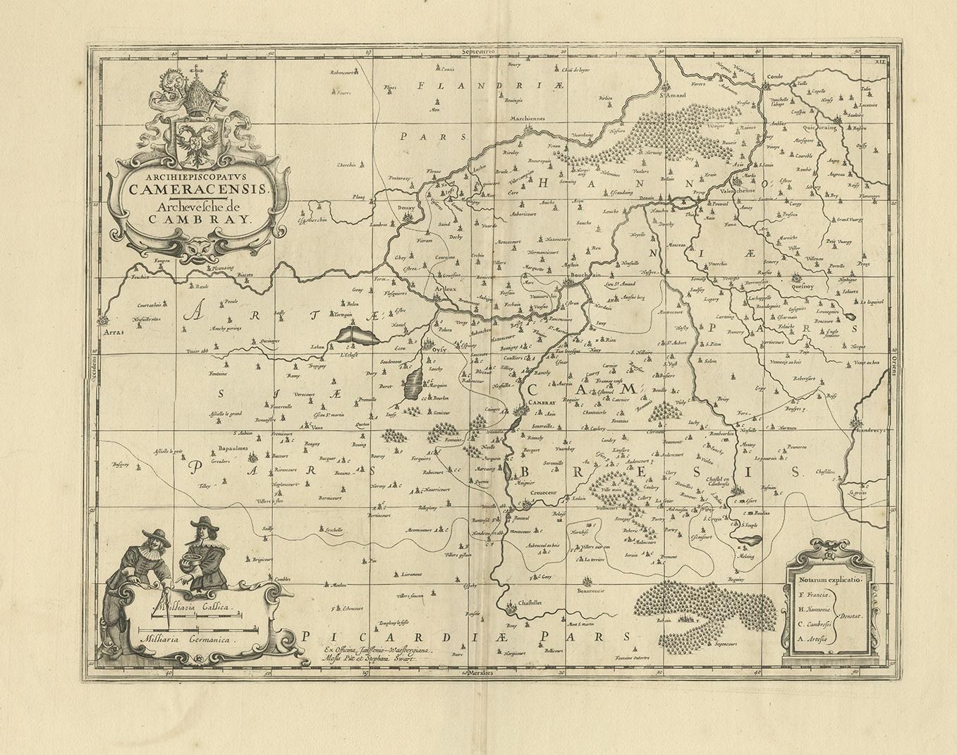 Antique map titled 'Archiepiscopatus Cameracensis - Archevesche de Cambray'. Decorative map of the Cambrai region of France. This map originates from 'The English Atlas' by Moses Pitt. Moses Pitt, a London bookseller, had an ambitious plan to