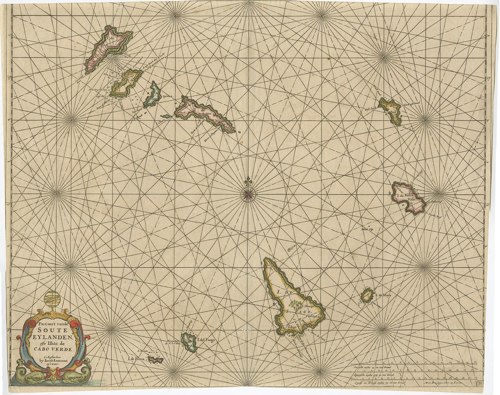 Antique map titled 'Pascaert van de Soute Eylanden ofte Ilhas de Cabo Verde'. 

This map depicts the Cape Verde Islands (Africa). Islands titled 'Ile de Brava, Ile del Fuogo, Ile de St. Jago, Ile de Mayo, Ile de Bona Vista, Ile do Sal, Ile de S.