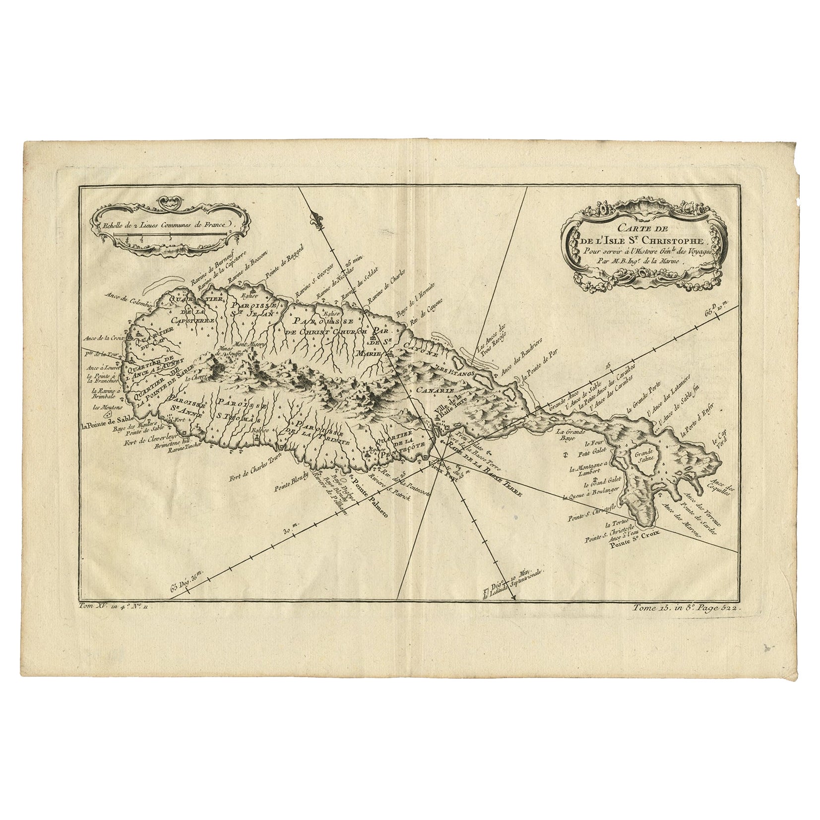 Carte ancienne de l'île des Caraïbes de St Kitts, vers 1750
