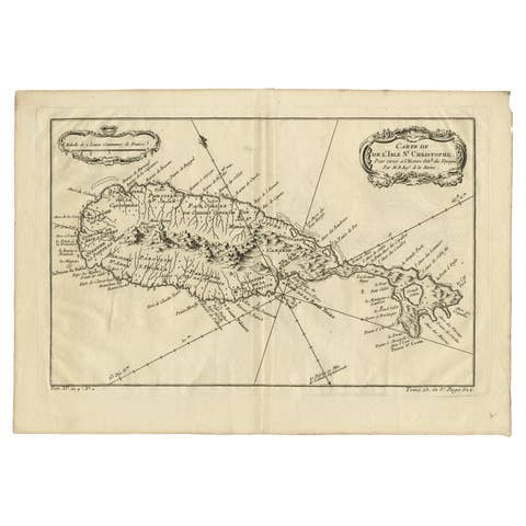 Antique Map of the Caribbean Island of St Kitts, ca.1750