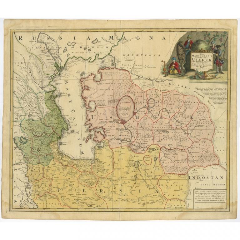 Antique map titled 'Nova Maris Caspii et Regions Usbeck (..).' Detailed map of Central Asia centered on the Caspian Sea, showing Uzbekistan to the east of the Caspian sea and northern Persia. The finely engraved, hand colored title cartouche