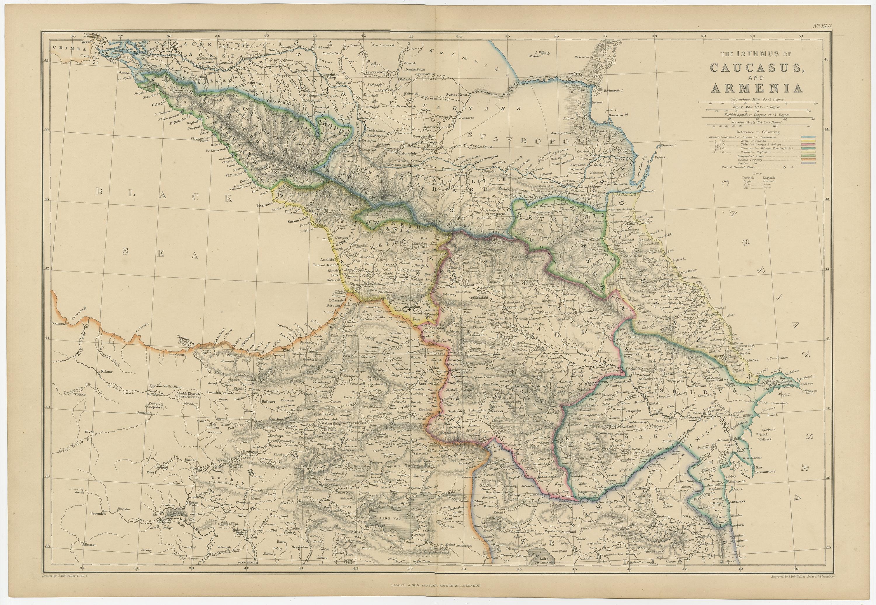 Antique map titled 'the Isthmus of Caucasus and Armenia'. Original antique map of the Caucasus and Armenia. This map originates from ‘The Imperial Atlas of Modern Geography’. Published by W. G. Blackie, 1859.