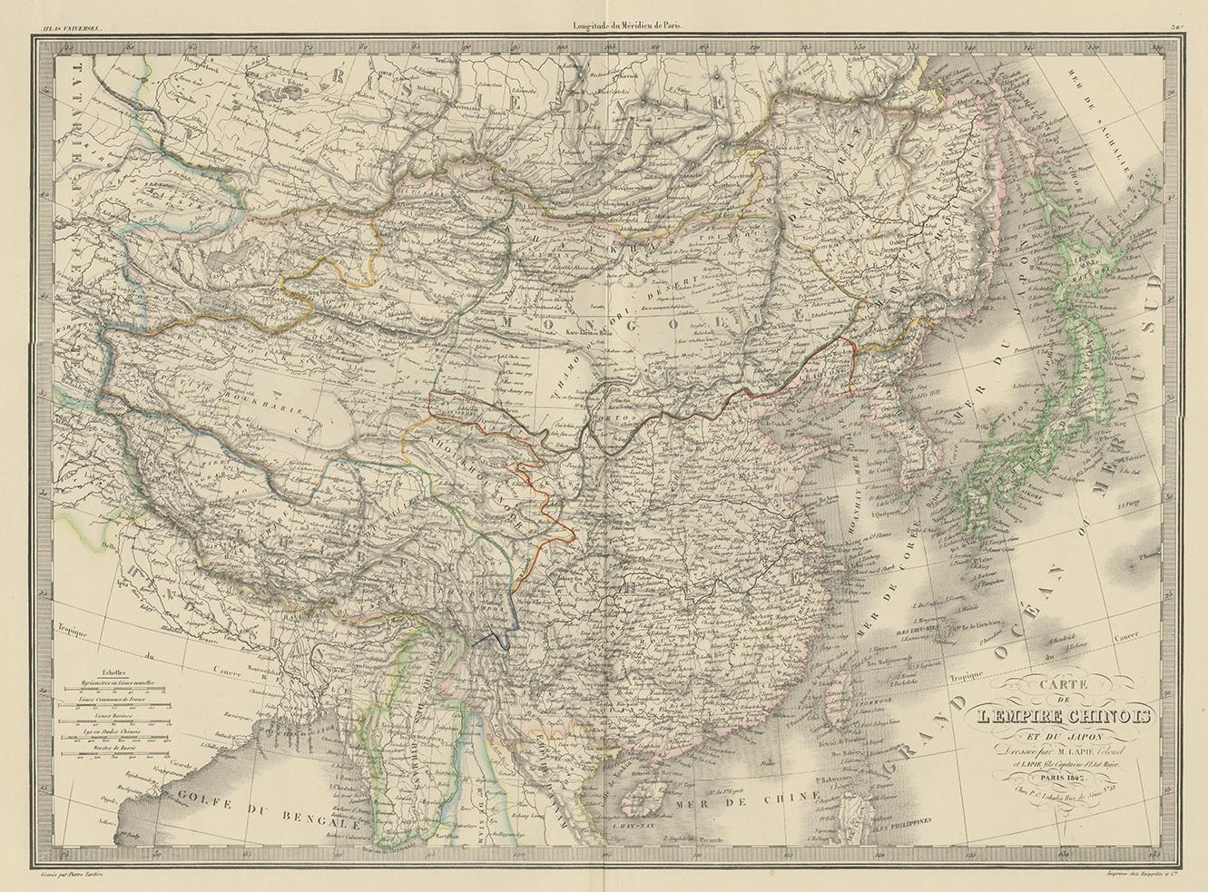 Antique map titled 'Carte de L'Empire Chinois et du Japon'. Map of the Chinese Empire (China) and Japan. This map originates from 'Atlas universel de géographie ancienne et moderne (..)' by Pierre M. Lapie and Alexandre E. Lapie. Pierre M. Lapie was