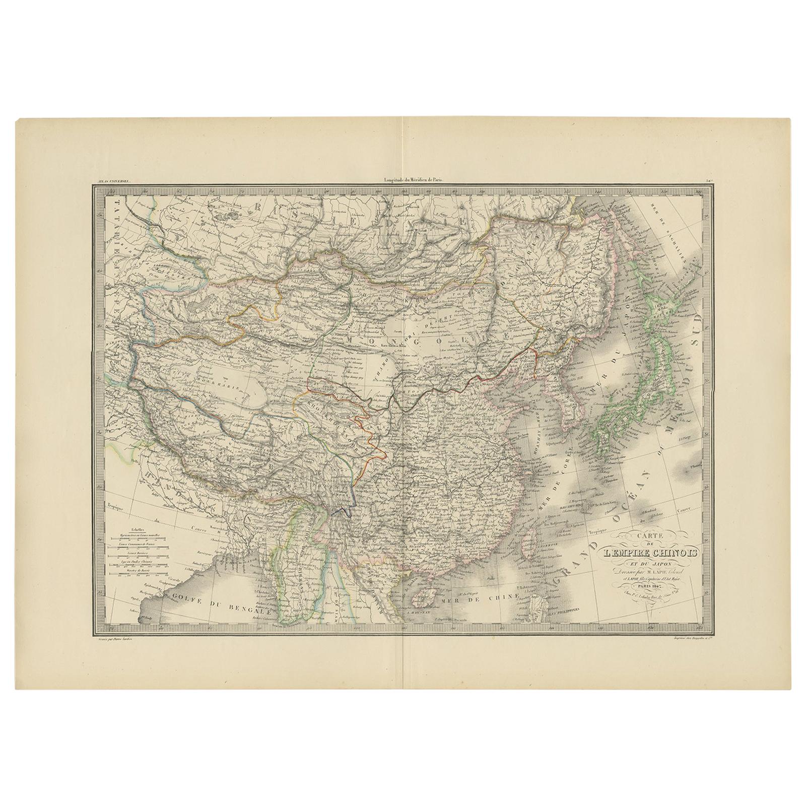 Antique Map of the Chinese Empire and Japan by Lapie, 1842 For Sale