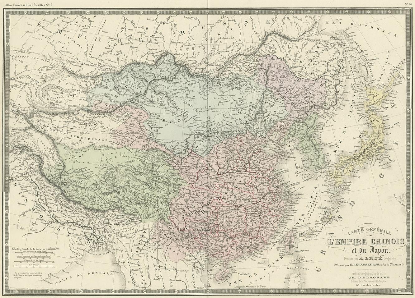 Antique map titled 'Carte générale de l'Empire Chinois et du Japon'. Large map of the Chinese Empire and Japan. This map originates from 'Atlas de Géographie Moderne Physique et Politique' by A. Levasseur. Published 1875.