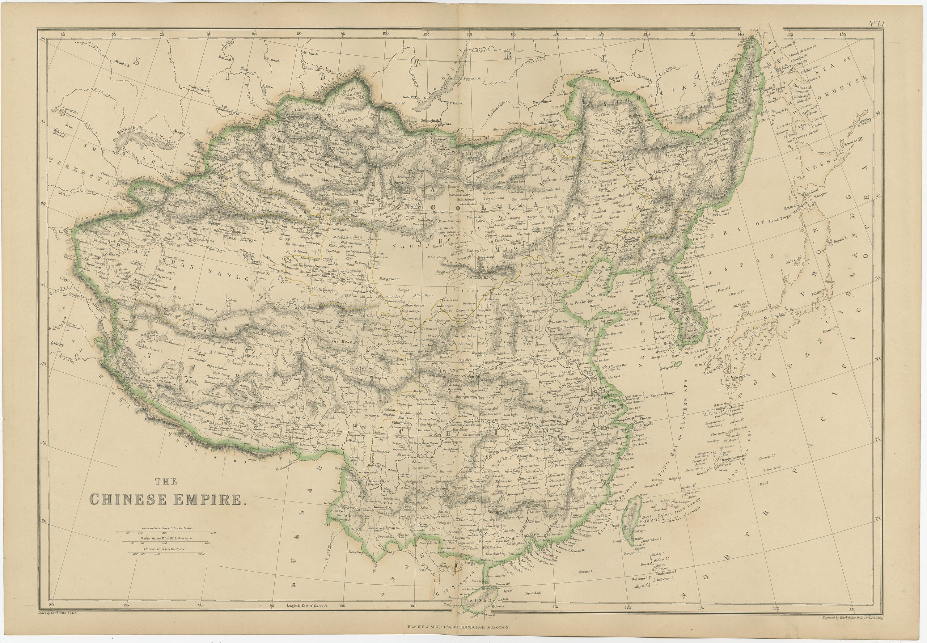 Antique map titled 'The Chinese Empire'. Original antique map of the Chinese Empire. This map originates from ‘The Imperial Atlas of Modern Geography’. Published by W. G. Blackie, 1859.