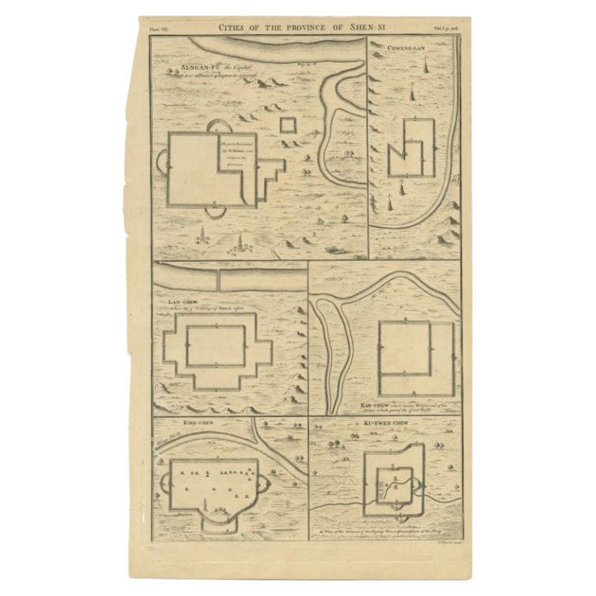 Antique Map of the Cities of the Province of Shen-Si by Basire, 1738 For Sale