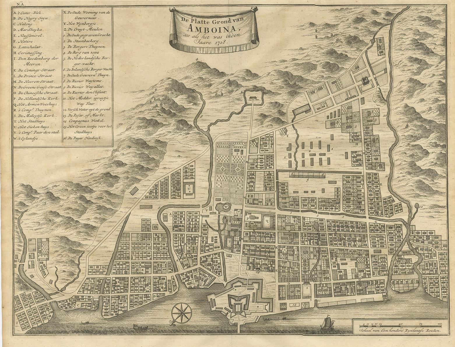 Antique map titled 'De Platte Grond van Amboina zoo als het was in den Jaare, 1718'. Antique map depicting the City of Ambon, Indonesia. This print originates from 'Oud en Nieuw Oost-Indiën' by F. Valentijn.