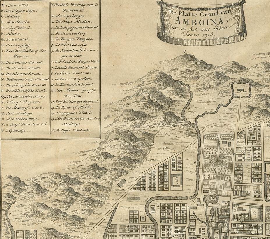 Néerlandais Carte ancienne de la ville d' Ambon par Valentijn, 1726 en vente