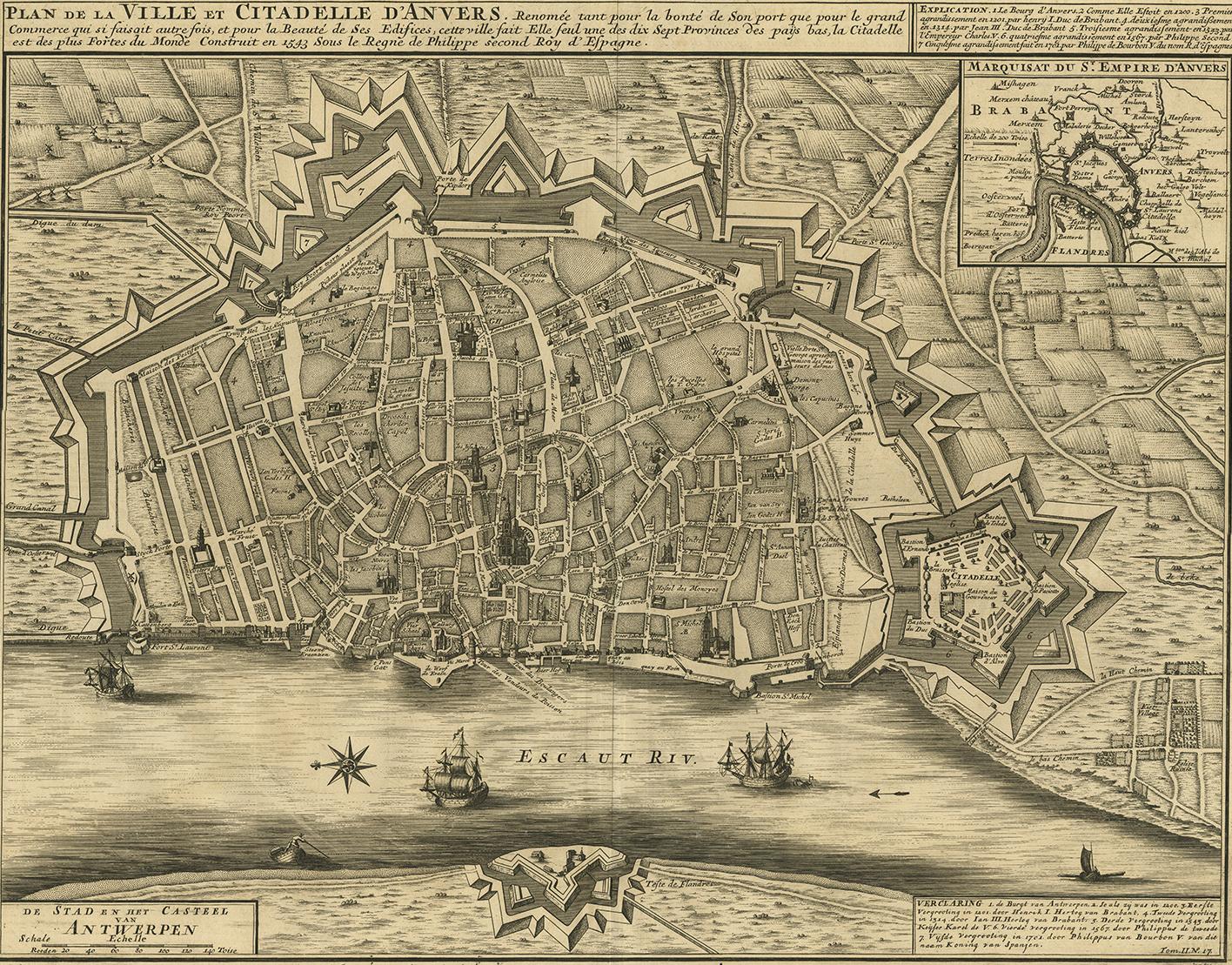 Gravure sur cuivre par A. Deur. Publié par I. van der Kloot à Den Haag, 1729. Avec des cartouches de titre français et néerlandais et des notes explicatives, plusieurs navires sur l'Escaut et une carte en médaillon du 