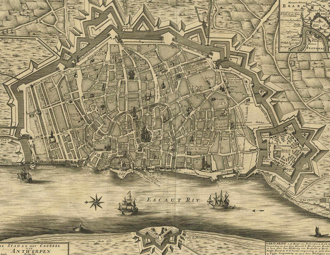 Antique Map of the City of Antwerpen ‘Belgium’ by A. Deur, 1729 In Good Condition For Sale In Langweer, NL