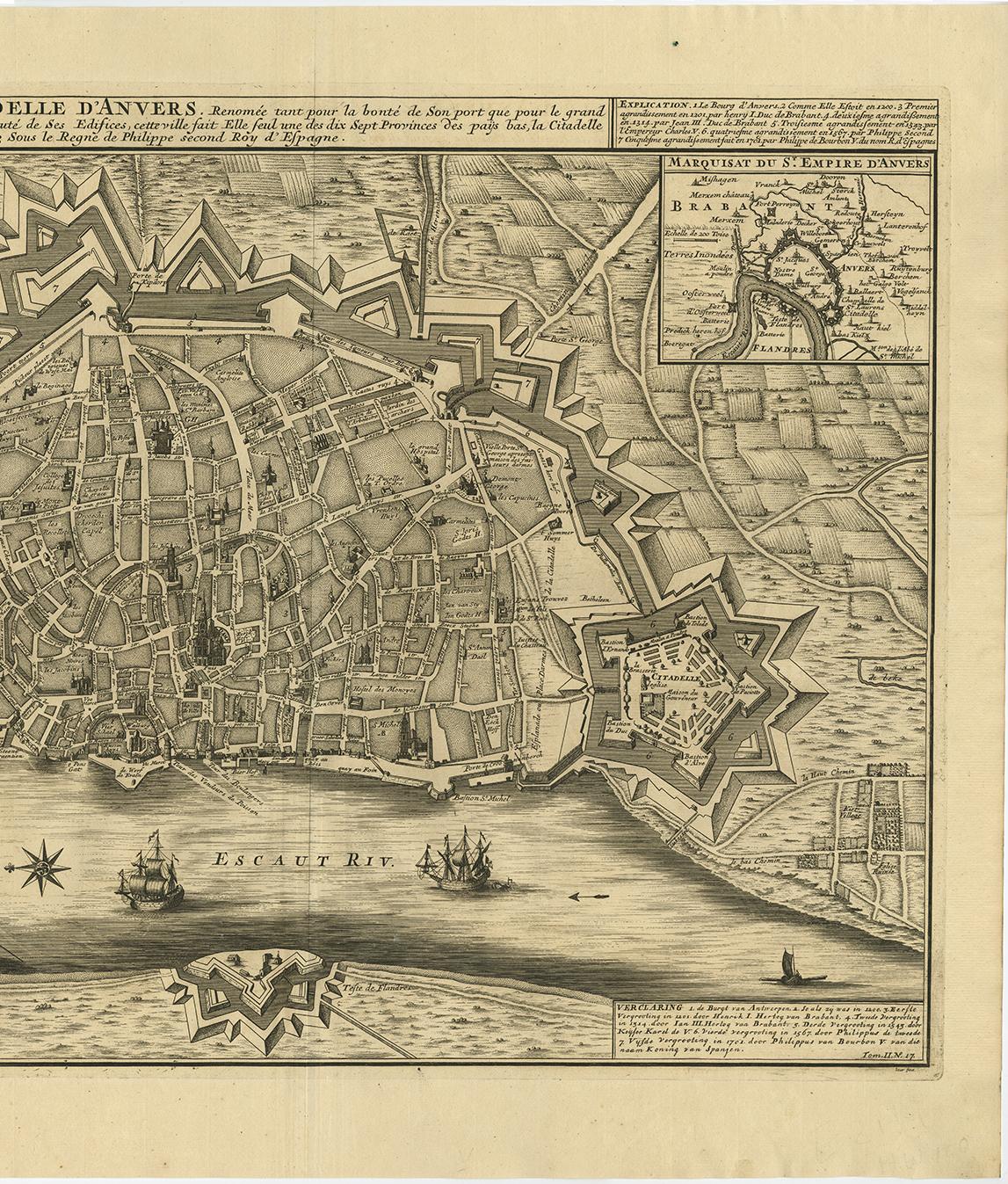 XVIIIe siècle Carte ancienne de la ville de Antwerpen en Belgique par A. Deur, 1729 en vente