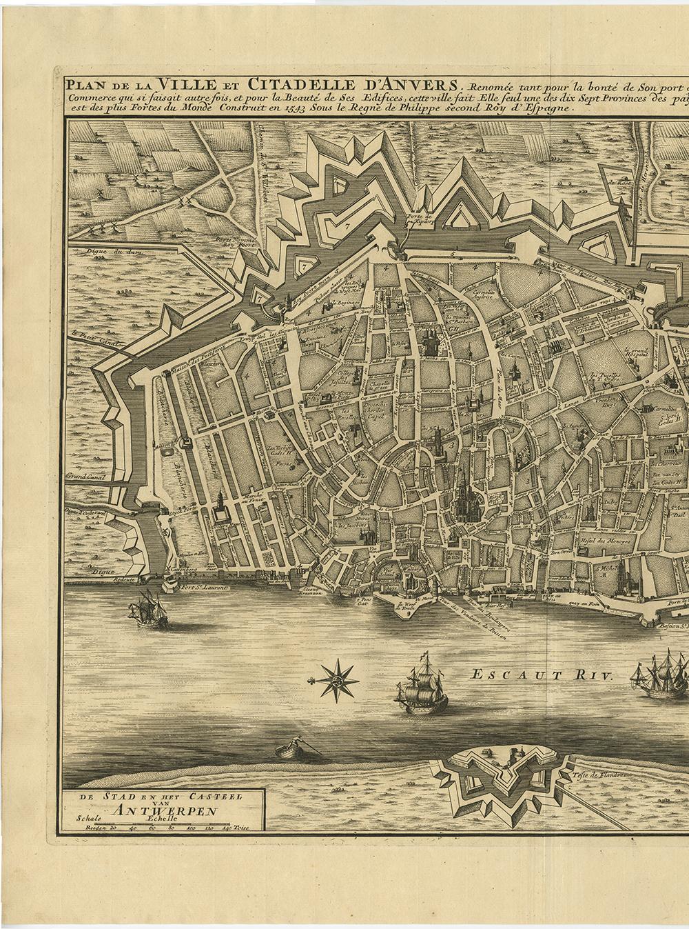 Paper Antique Map of the City of Antwerpen ‘Belgium’ by A. Deur, 1729 For Sale